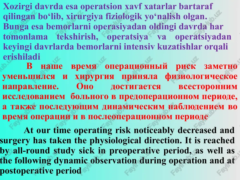 ical are usually produced with medical purpose, are however used and diagnostic operations. the biopsies pertain to diagnostic operation, punctures (the abdominal cavity, hleural, joint, spinomedullar and others), endoscopic of the study (cystoscopy, bronchoscopy, esophagoscopy, gastroscopy, thoracoscopy, laparoscopy and others), angiography and catheterization heart, diagnostic thoracotomy and laparotomy radikal operatsiyalar radikalnie operatsii radical operations radikal operatsiyalar deb zararlangan a’zo yoki to‘qimalar kesib olinadigan yoki olib tashlanadigan operatsiyalarga (appendektomiya, oshqozon rezeksiyasi) aytiladi va bunda kasallikning qaytalanishi kuzatilmaydi. radikal operatsiyalar kengaytirilgan va kombinirlan-gan (oshqozonning atrof a’zolarga o‘sgan xavfli o‘smasida bir vaqt-ning o‘zida taloq, jigarning bir bo‘lagi va limfa tugunlari olib tashlanadi) bo‘ladi radikalnimi operatsiyami nazivayutsya takie, pri kotorix porajennie organi ili tkani rassekayut libo udalyayut (appendektomiya, rezektsiya jeludka), prichem isklyuchayutsya vozmojnost retsidiva i povtornoe vozniknovenie zabolevaniya. radikalnie operatsii mogut bit rasshirennimi i kombinirovannimi (odnovremennoe udalenie selezenki, rezektsiya doli pecheni i udalenie limfouzlov pri prorastayushey opuxoli jeludka v okrujayushie tkani the radical operation …
