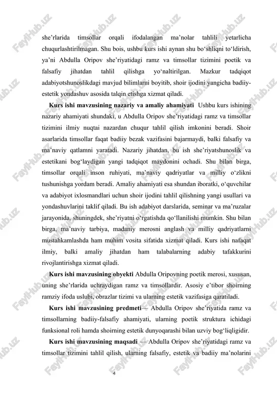 ek adabiyotidagi o‘rnini belgilash. kurs ishi mavzusining metodlari kurs ishini yozishda qiyosiy-tahliliy, tipologik, estetik, semantik va interpretatsion metodlardan foydalanildi. shuningdek, shoir asarlarining poetik tuzilishini ochishda matn tahlili va kontekstual yondashuv usullari qo‘llandi. kurs ishi mavzusining tuzilishi kurs ishi kirish, ikki bob, har bir bobda uchta bo‘lim, xulosa va foydalanilgan adabiyotlardan iborat. birinchi bobda abdulla oripov ijodining badiiy-estetik asoslari tahlil qilinadi, ikkinchi bobda esa shoir she’riyatidagi ramz va timsollar poetikasi batafsil o‘rganiladi. i bob. abdulla oripov ijodining badiiy-estetik asoslari 1.1. abdulla oripov hayoti va ijodiy faoliyatining bosqichlar abdulla oripov 1941-yilning 21-martida, ya’ni yilboshi bayrami kuni qashqadaryo viloyati koson tumanidagi neko’z qishlog’ida tug’ildi. qishloq qo’ng’irtov etagiga o’rnashgan bo’lib, oqar suv taqchil bo’lsa-da, seryomg’ir kelgan yillarda ko’kat-u maysalarga ko’milib qoladigan kengish joy edi. bu haqda shoirning o’zi: “ayniqsa, bahor paytlarida bu yerlarga yog’in ko’p tushar, qo’ng’irtov etaklari ming xil o’t-o’lan, chuchmoma-yu qizg’aldoqlar bilan, quyonto’pig’-u ismaloq bilan, karrag-u hazorisfand bilan, qo’zigullar bilan qoplanar, atrof-tevarak …