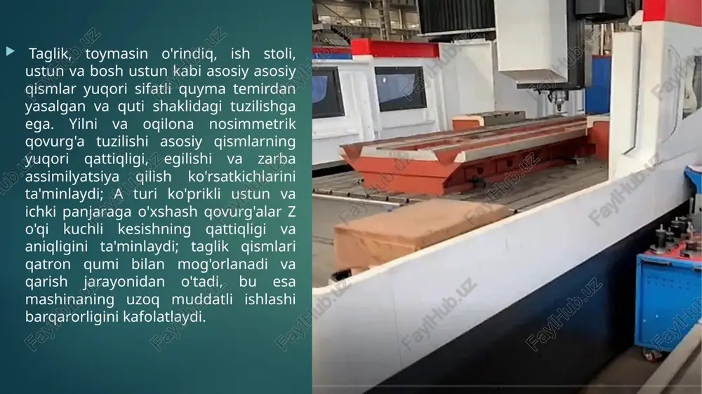 di, bu atrof-muhitni muhofaza qilish uchun qulaydir; 12 mashina asboblari operatsion tizimi muhandislik tamoyillarini qabul qiladi va operatsion quti mustaqil ravishda ishlab chiqilgan bo'lib, u o'z-o'zidan aylana oladi va oson ishlaydi. xulosa: frezerlash dastgohlarining turlari va ularning elektr yuritmalarini o‘rganish zamonaviy mexanik ishlov berish texnologiyalarida muhim o‘rin tutadi. har bir frezerlash dastgohi konstruktiv tuzilishi, ishlash prinsipi va qo‘llanilish maqsadiga ko‘ra o‘ziga xos xususiyatlarga ega. dastgohning elektr yuritmasi uning asosiy harakat manbai bo‘lib, ish unumdorligi, aniqligi va energiya tejamkorligini ta’minlaydi. elektr yuritmalarining turli ish rejimlarini tahlil qilish, ularning moment va tezlik xarakteristikalarini aniqlash dastgohning optimal ishlash sharoitlarini belgilash imkonini beradi. frezerlash dastgohlarida qo‘llaniladigan elektr yuritmalarni to‘g‘ri tanlash va boshqarish tizimini takomillashtirish orqali ishlab chiqarish jarayonlarini avtomatlashtirish darajasini oshirish mumkin. bu esa mahsulot sifatining yaxshilanishi, energiya sarfining kamayishi va texnik xizmat ko‘rsatish samaradorligining ortishiga olib keladi. foydalanilgan adabiyotlar: bekmuratov, a. elektr yuritmalar nazariyasi va boshqaruv tizimlari. — toshkent: fan va texnologiya, 2020. …