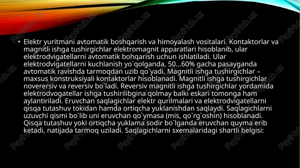 sanoat elektr yuritmalari." – toshkent: fan va texnologiya, 2018. chapman, s. j. "electric machinery fundamentals." – mcgraw-hill education, 2012. kudryavtsev, v. n. "elektr privodi stankov i mashin." – moskva: mashinostroenie, 2016. petrov, v. v. "avtomatizatsiya i upravlenie elektricheskimi privodami." – moskva: energiya, 2018. fedotov, a. a. "elektr yuritmalarda avtomatik boshqaruv tizimlari." – moskva: energoatomizdat, 2017. image2.png image3.jpeg image4.jpeg image5.png image6.png image7.jpeg image8.jpeg image1.png /docprops/thumbnail.jpeg