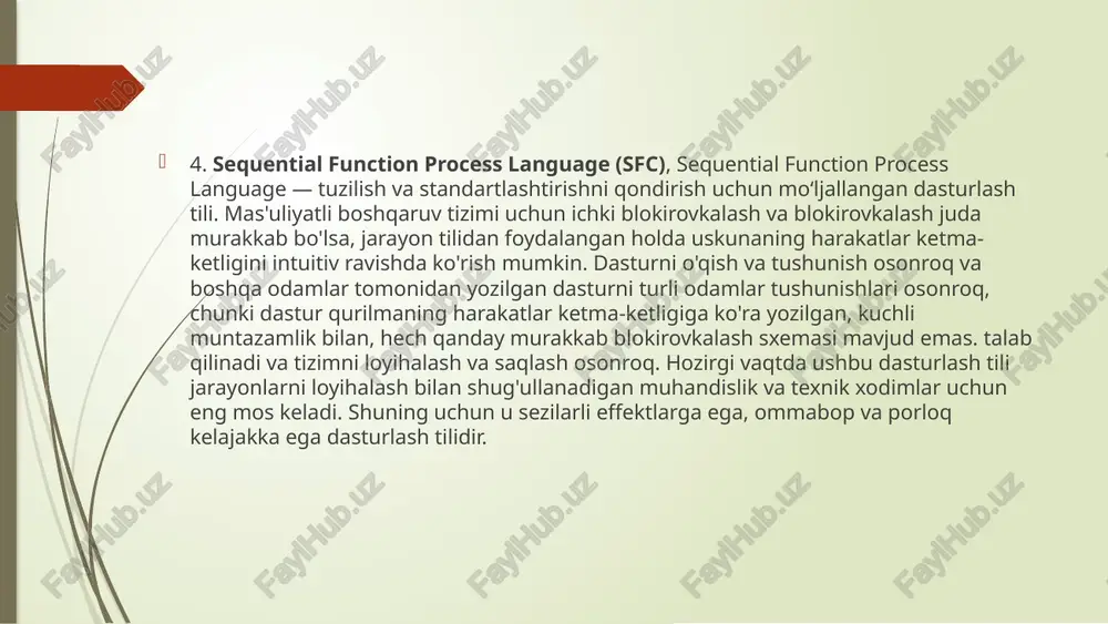 uchun muhimligini bilish juda muhimdir. plc-lardan yaxshi foydalanish sanoatda yaxshi ishlash va samaradorlik uchun juda muhimdir. ehtiyojlaringiz uchun to'g'ri plc ni tanlash muhimdir. yangi texnologiyalar plc larni avtomatlashtirish uchun yanada foydali qilishda davom etmoqda. plclarni o'rganish uchun ko'plab manbalar mavjud. siz yangi yoki tajribali bo'lsangiz ham, ushbu manbalar plc texnologiyasidan to'liq foydalanishingizga yordam beradi. plclar sanoatni yanada samarali va innovatsion qilishda katta rol o'ynashda davom etadi. foydalanilgan adabiyotlar ro‘yxati bolton, w. (2015). programmable logic controllers (6th edition). newnes – elsevier. john, k.-h., & tiegelkamp, m. (2010). iec 61131-3: programming industrial automation systems – concepts and programming languages, requirements for programming systems, decision-making aids. springer-verlag. petruzella, f. d. (2016). programmable logic controllers. mcgraw-hill education. frank d. petruzella. (2005). programmable logic controllers: an introduction. glencoe/mcgraw-hill. rauf, s. a., & daoud, r. a. (2020). industrial automation and plc programming. academic press. o‘zbekiston respublikasi oliy ta’lim, fan va innovatsiyalar vazirligi. (2022). avtomatlashtirish va boshqaruv …