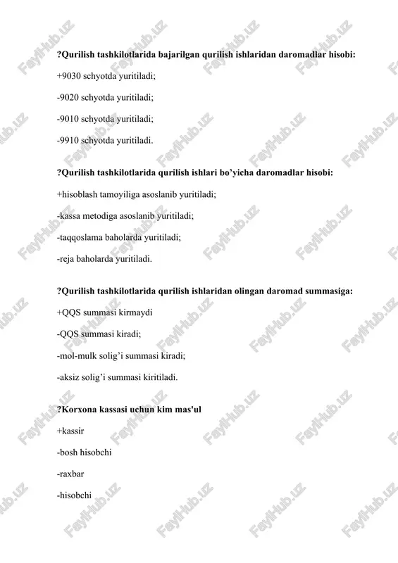 g’lari qaysi hisobot shaklida aks ettiriladi? +pul oqimlari to’g’risida hisobotda. -moliyaviy natijalar to’g’risida hisobotda; -xususiy kapital to’g’risida hisobotda; -buxgalteriya balansida; ?qurilish tashkilotlarida muddati o’tib ketgan debitorlik va kreditorlik qarzlar to’g’risidagi batafsil ma’lumotlar qaysi hisobot shaklida aks ettiriladi? +debitorlik va kreditorlik qarzlar to’g’risida ma’lumotnomada; -moliyaviy natijalar to’g’risida hisobotda; -buxgalteriya balansida; -pul oqimlari to’g’risida hisobotda. ?kichik biznes sub’ekti hisoblangan qurilish tashkilotlari moliyaviy hisobotni topshiradi: +yil yakuni bo’yicha; -har chorakda; -har oyda; -ikki yilda bir marta. ?kichik biznes sub’ekti hisoblangan qurilish tashkilotlari topshiradigan moliyaviy hisobot tarkibiga kirmaydi: +debitorlik va kreditorlik qarzlar to’g’risida ma’lumotnoma; -moliyaviy natijalar to’g’risida hisobot; -buxgalteriya balansi; -pul oqimlari to’g’risida hisobot. ?muddati o’tgan debitor va kreditor qarzlarni hisobdan chiqarish muddati qancha? +90 kun -3 oy -1 yil -3 yil ?bank kreditlari uchun hisoblangan foiz tulovlari daromad solig’ini hisoblashda soliqqa tortiladigan bazadan chiqariladimi? +yo’q, foiz tulovlari soliqqaa tortiladigan bazaga qo’shiladi -xa, foiz tulovlari soliqqaa tortiladigan bazadan chiqariladi -joriy davrda soliqqaa tortilib, kelgusida …