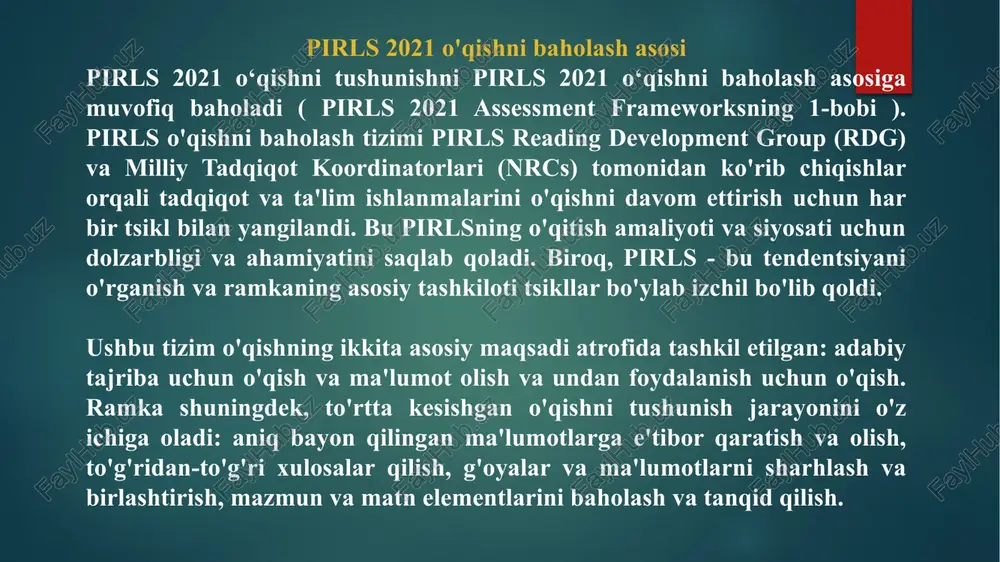 an arab amirliklari; birlashgan arab amirliklari (abu-dabi); birlashgan arab amirliklari (dubay); birlashgan arab amirliklari (sharja); o'zbekiston; uels. benchmark ob'ektlari qavs ichida keltirilgan. pirls 2026 mamlakatlarga o‘qishni tushunish darajasini jahon miqyosida baholashda ishtirok etish imkoniyatini taqdim etadi. pirls yutuqlari maʼlumotlariga baholangan oʻquvchilar, ularning ota-onalari, oʻqituvchilari va maktab direktorlarining taʼlim tizimlari oʻz oʻquvchilariga taʼlim imkoniyatlarini qanday taqdim etishi, shuningdek, oʻquvchilarning bu imkoniyatlardan qanday foydalanishiga taʼsir etuvchi omillar toʻgʻrisida maʼlumot beriladi. asosiy ma'lumotlarga quyidagilar kiradi: o'qish bo'yicha milliy o'quv siyosati; ta'limni osonlashtirish uchun ta'lim tizimi qanday tashkil etilganligi; talabalarning ta'lim olishlari uchun uy sharoitlari; maktab iqlimi va resurslari; va o'qitish aslida sinflarda qanday sodir bo'ladi. o'quv davrlari bo'yicha tendentsiya natijalari mamlakatlarga o'z ta'lim tizimlari samaradorligini global kontekstda kuzatish imkonini beradi xulosa pirls 2021 natijalari tadqiqot jahon miqyosida o‘tkazilgan bo‘lib, 4‑sinf o‘quvchilarining o‘qigan matnni tushunish va undan ma’lumot olish ko‘nikmalari o‘lchandi. nces.ed.gov+2tashkent times+2 masalan, azerbaijanda o‘quvchilar “ma’lumotni olish va oddiy xulosa qilish” bo‘yicha o‘rtacha …