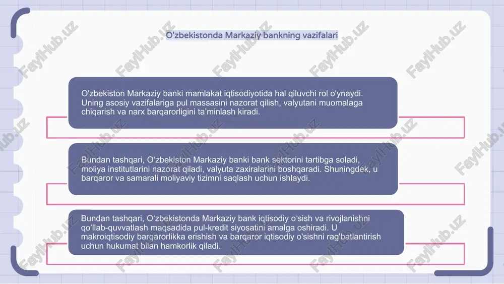 iyosati va me'yoriy-huquqiy hujjatlarni amalga oshirish orqali bank iqtisodiyotda barqarorlik va o'sishni ta'minlaydi. markaziy bankning asosiy vazifalaridan biri moliya tizimidagi pul va kreditlar aylanishini tartibga solishdan iborat. bunga foiz stavkalari, majburiy zaxiralar va ochiq bozor operatsiyalari kabi turli vositalar orqali erishadi. bundan tashqari, markaziy bank moliyaviy barqarorlikni saqlash uchun bank sektorini nazorat qiladi. xatarlarning oldini olish va mamlakat uchun xavfsiz va samarali moliyaviy muhitni ta'minlash uchun banklarni nazorat qiladi va tartibga soladi. narxlar barqarorligini saqlashda markaziy bankning roli o‘zbekiston markaziy banki mamlakat ichidagi narxlar barqarorligini ta’minlashda hal qiluvchi rol o‘ynaydi. pul-kredit siyosatini amalga oshirish va bank sektorini tartibga solish orqali inflyatsiyani nazorat qilish va iqtisodiy barqarorlikni ta'minlashga qaratilgan. markaziy bankning asosiy vazifalaridan biri foiz stavkalarini belgilash va pul massasini nazorat qilishdir. bu iqtisodiyotdagi narxlarning umumiy darajasiga ta'sir ko'rsatishga yordam beradi va barqaror o'sishga yordam beradi. bundan tashqari, o‘zbekiston markaziy banki moliya institutlarini nazorat qilish va valyuta zaxiralarini boshqarish uchun javobgardir. …