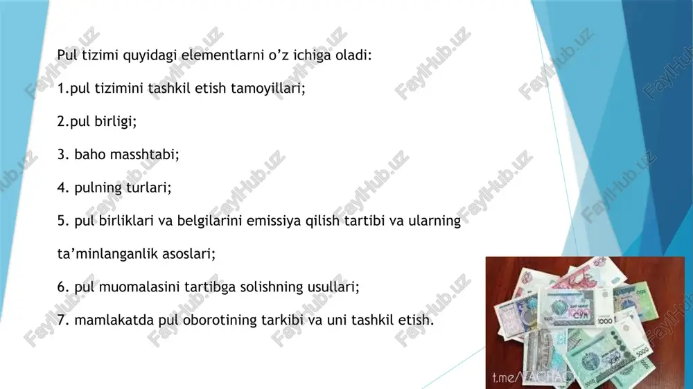 in qoplamali oddiy metallardan (1 va 10 soʻmli) zarb qilingan. banknotlar 1992-1994 asosiy maqola: soʻm-kupon barcha kupyuralarning old tomonida oʻzbekiston gerbi, orqa tomonida samarqand registon maydonidagi sherdor madrasasi tasviri tushirilgan banknot raqamlari ab 12345678 (1—500 soʻmlar) yoki ab 1234567 (500—10 000 soʻmlar), banknotning old tomonida oʻzbekiston gerbining ostida joylashgan. 1993-yil 15-noyabrda muomalaga kiritilgan, 1994-yil 1-avgustda muomaladan chiqarilgan. bu seriyadagi banknotlar angliyada „harrison & sons ltd“ bosmaxonasida chop etilgan. e’tiboringiz uchun raxmat foydalanilgan adabiyotlar ro’yxati: abdullayeva, s., 2013. pul muomalasi va kredit. 6th ed. tashkent: ilm ziyo. hozir.org. 2020. naqd pul aylanmasi va uni tashkil qilish prinsiplari. http://hozir.org/3-modul-kreditning-umumiy-asoslari-37--mavzu-pulning-paydo-bol.html?page=2. qomus.info. 2020. pul massasi haqida — u kim, bu nima — qomus.info. https://qomus.info/oz/encyclopedia/p/pul-massasi/. hozir.org. 2020. pullarga bo‘lgan talab va pullar taklifi. pul muomalasi tushunchasi. pul muomalasi qonunlaridan kelib chiqadigan talablar. http://hozir.org/3-modul-kreditning-umumiy-asoslari-37--mavzu-pulning-paydo-bol.html?page=4. hozir.org. 2020. pullarga bo‘lgan talab va pullar taklifi. pul muomalasi tushunchasi. pul muomalasi qonunlaridan kelib chiqadigan talablar. http://hozir.org/3-modul-kreditning-umumiy-asoslari-37--mavzu-pulning-paydo-bol.html?page=4. rashidov, o., alimov, i., …