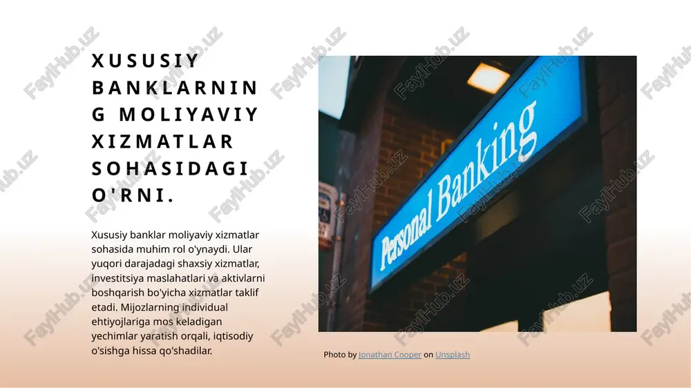 ishni qo'llab-quvvatlaydi. xulosa 01 xususiy banklar roli xususiy banklar o'zbekistonda iqtisodiy o'sishga katta hissa qo'shadi, moliyaviy xizmatlar orqali tadbirkorlikni qo'llab-quvvatlaydi va jamiyatni rivojlantiradi. 02 korporativ banklar funksiyalari korporativ banklar katta korxonalar va sanoatning iqtisodiy faoliyatini moliyalashtirib, investitsiyalarni jalb qilish va iqtisodiy barqarorlikni ta'minlaydi. 03 iqtisodiy ta'sirlar har ikki bank turi o'zbekiston iqtisodiyotining mustahkamlanishida muhim rol o'ynaydi, moliyaviy barqarorlik va rivojlanishga hissa qo'shadi. e'tiboringiz uchun rahmat! image1.jpg image2.jpg image3.jpg /docprops/thumbnail.jpeg
