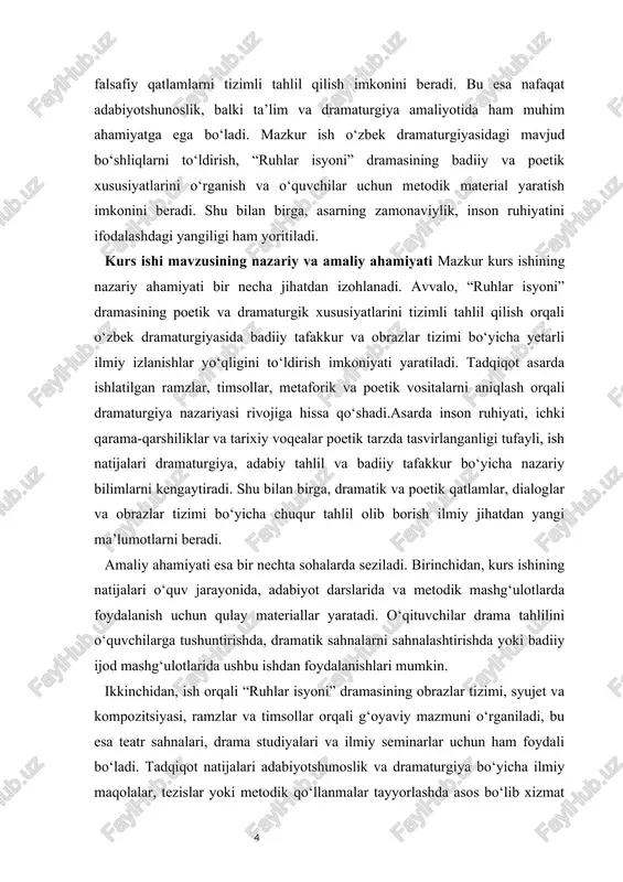 adi — “ruhlar isyoni” dramasini poetik tahlil qilish, uning dramaturgik va badiiy xususiyatlarini aniqlash, obrazlar va ramzlar tizimi orqali asarning g‘oyaviy mazmunini o‘rganishdir. kurs ishi mavzusining vazifalari · erkin vohidov ijodining dramaturgik jihatlarini o‘rganish. · “ruhlar isyoni” dramasining yaratilish tarixi, syujet va kompozitsiyasini tahlil qilish. · til, dialog va dramatik ifoda vositalarini o‘rganish. · ramz va timsollar tizimi orqali asarning g‘oyaviy mazmunini tahlil qilish. kurs ishi mavzusining metodlari · adabiy-tahliliy metod: asardagi poetik vositalar va obrazlarni tahlil qilish. · tarixiy-metod: dramatik voqealarni tarixiy kontekstda o‘rganish. · taqqoslash va analitik metod: asardagi obraz va voqealarni boshqa dramalar bilan solishtirish. · metaforik va simbolik tahlil: ramzlar va timsollar orqali dramatik g‘oyani aniqlash. kurs ishi mavzusining tuzilishi kurs ishi kirish, ikki bob, har bir bob uch bo‘limdan iborat bo‘lib, xulosa va foydalanilgan adabiyotlar ro‘yxatini o‘z ichiga oladi. i bob. erkin vohidov ijodi va “ruhlar isyoni” dramasining yaratilish asoslari 1.1. erkin vohidovning hayoti, adabiy …