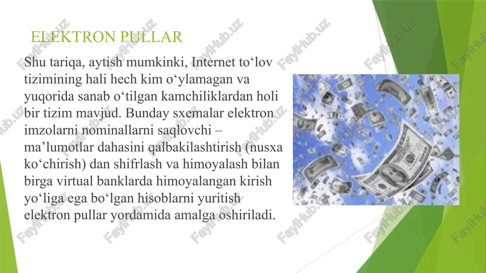 o’xshash. bu to’lov tizimi 2010 yilda o’zbekiston savdo-sanoat palatasi, atb “mikrokreditbank” va «beeline» uyali telefon operatori hamkorligida yaratilgan va boshida «sms-to’lov» degan nom olgan edi. ishlash prinsipi click.uz tizimiga o’xshash. ushbu to’lov tizimlari orqali hozirgi kunda telefon, kommunal, internet xizmatlari, soliq, sug’urta to’lovlari, temir yo’l va avia-chiptalariga buyurtmalar berish operatsiyalarini amalga oshirish mumkin. mamlakat hududida nnternet banking operatsiyalarini amalga oshiradigan yangi tizimlardan bitta bu websum.uz tizimidir. websum – bu internet tarmog’i orqali bir zumda tovar yoki hizmatlarni sotish yoki xarid qilish imkonini beruvchi elektron to’lov tizimidir. raqamli pullar va internet muhiti raqamli pullarni internet muhitidagi to‘lov tizimining asosi sifatida, ularga amal qilishini tashkillashtirish, xavfsizlik darajasi va hisob-kitob usuliga ko‘ra tasniflash mumkin. foydalanish turiga ko‘ra raqamli pullar quyidagicha guruhlanadi: • zaruriy ma’lumotlar bilan ochiq tarzda almashinuv; • ma’lumotlar almashinuv bosqichida shifrlangan ma’lumotlar tizimi; • guvohnomalardan foydalanishni ko‘zda tutadigan tizimlar; • internet tarmog‘ida kliring tizimlari; • raqamli naqd pullar (shk ko‘rinishidagi); • …