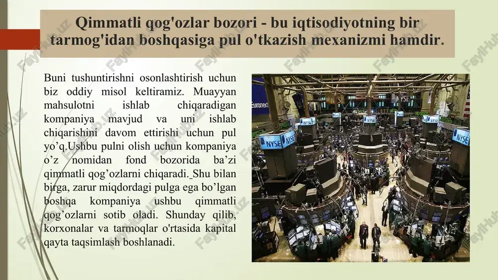 unday aksiyalar, qoidaga koʻra, aksiyadorlik jamiyati nizom jamgʻarmasining 10% idan ortiq chiqarilishi mumkin emas. obligatsiya obligasiya - bu davlat yoki korxona tomonidan ichki kredit berilganda va uning egasiga nominal qiymatining belgilangan foizi ko'rinishida daromadni taqdim etishda ma'lum shartlar asosida berilgan qarz majburiyati bo'lib, u ham qimmatli qog'ozdir. obligatsiya turlar: maqsadli va foizli; odddiy va yutuqli; egasi yozilgan; korxona obligatsiyalari; erkin muomaladagi va muomalasi cheklangan obligatsiyalar. veksel veksel – veksel beruvchining yohud vekselda ko’rsatilgan boshqa to’lovchining vekselda nazarda tutilgan muddat kelganida veksel egasiga muayyan summani to’lash yuzasidan qat’iy majburiyatini tasdiqlovchi qimmatli qog’oz. veksel sifatida ishlatiladi : to'lov vositasi; garov va qarz berish uchun to'lov vositasi. tijorat banklari nima uchun veksellarni chiqaradi : veksellarda ko'rsatilgan miqdorni belgilangan muddatda to'lash bankning bir tomonlama va shartsiz majburiyatini aks ettiruvchi veksellar; cheklar chek – bu chekda ko'rsatilgan summani bankdan to’lovchining so'zsiz buyrug'isiz to’lashni o'z ichiga olgan qimmatli qog'oz . cheklar quyidagi turlarga bo'linadi : ro’yxatdan …