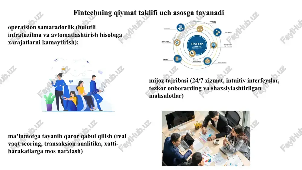 ‘liq onlayn bank xizmatlari nubank, tbc bank uzbekistan kreditlash (p2p lending) qarz olish va berish jarayonini soddalashtirish lendingclub, humo insurtech sug‘urta xizmatlarini avtomatlashtirish lemonade investitsiya texnologiyalari oddiy fuqarolar uchun investitsiyani ommalashtirish robinhood, etoro kriptovalyutalar / defi markazlashmagan moliya tizimini yaratish bitcoin, ethereum regtech moliyaviy nazorat va xavfsizlikni kuchaytirish onfido, trulioo 4.3. fintech duch keladigan muammolar muammo tavsif oqibat huquqiy bo‘shliq qonunchilik yetarlicha rivojlanmagan investorlar va foydalanuvchilar xavfi ortadi kiberxavfsizlik xakerlik hujumlari va firibgarlik holatlari moliyaviy yo‘qotishlar, ishonchning pasayishi savodxonlik pastligi foydalanuvchilarning bilim va ko‘nikmalari yetarli emas fintech xizmatlaridan foydalanish cheklanishi raqobat va monopoliyalar yirik kompaniyalar kichik startaplarni siqib chiqaradi innovatsiya sekinlashadi, raqobat kamayadi infratuzilma yetishmasligi internet sifati past, texnologiyalar rivojlanmagan fintech xizmatlari hududiy va ijtimoiy cheklangan bo‘ladi e’tiboringiz uchun rahmat! image1.png image2.png image3.jpeg image4.png image5.png image6.jpeg image7.jpeg image8.jpeg image12.jpeg image13.png image14.jpeg image9.jpeg image10.png image11.jpeg image15.jpeg image16.jpeg image17.jpeg image18.jpeg image19.png 2022 fintech01 compliance rule law and regulation graphic interface for business …