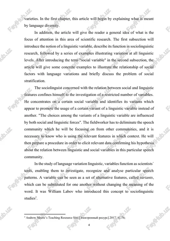 ferences in style or register, sociolinguists try to explain the variation by quantifiable factors in society which are known or expected to be influencing language[footnoteref:3]. there is a wide range of social differences between speakers which have been found to relate to linguistic variation. the following remarks will be confined to three very influential social variables: socio-economic status, sex and race. [3: crystal d. the cambridge encyclopedia of the english language. cambridge: bsa, 2003. –p.491.; ] the social variable of socio-economic status was found to influence the realization of, for example, the (-ing) variable at the end of present progressive verb-forms. in his 1974- norwich-study, peter trudgill investigated the occurrence of either [-ing] or [-in‘] with a number of speakers. dividing the group of speakers into social classes, he found out that the higher the socio-economic status of the speaker (and the more formal the style), the more probable the …