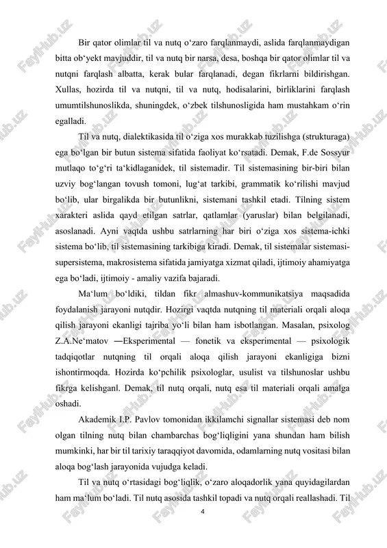 foydalanadi. til sistemasi asosida nutqiy sistema, nutq faoliyati, fikrni ifodalash sistemasi yuzaga keladi. shuningdek, nutq, (nutqiy faoliyat) fikrni ifodalash jarayoni ekan, ayni jarayonda ishtirok etuvchi birliklar o‘zaro mantiqiy, zaruriy munosabatga kirishib, bir butunlikni-sistemani, masalan, nutqni, gapni hosil qiladi. qolaversa, nutqdagi — fikr ifodalash jarayonidagi so‘z ham, so‘z birikmasi ham, gap ham, matn ham uziga xos mikro va makrosistemalardir. tilning yashashi, mavjudligi, taraqqiyoti nutq orqali bo‘ladi. masalan, men o‘z nutqimda o‘zbek tilidan foydalanib gapiryapman, demak, bu o‘zbek tilining mav-judligi, uning yashayotganligidir. yoki men o‘z nutqimda ingliz tilidan foydalanib gapirsam bu ham ushbu tilning mavjudligi va uning yashayotganligini bildiradi.demak, tilning har bir aniq, ko‘rinishi real nutqdir, nutq faoliyatidir. jonli nutq, yoki real nutq, bu tilning mavjudligi, uning faol harakatidir. til inson xotirasida mavjud lisoniy (lingvistik) birliklardan va qoidalardan iborat xazinadir. nutq esa ushbu birliklarning muayyan qoidalar asosidagi faol harakati, muayyan ijtimoiy vazifa bajarishi, ya‘ni nutq jarayondir, amaliyotdir. til ham, nutq ham ijtimoiy …