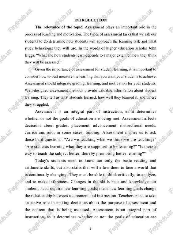 ductory part stating the objectives and aims of the investigation. chapter i discusses assessment as a main part of teaching. the second chapter presents the data about the importance of assessment in the process of teaching and learning. after two chapters, there are provided conclusion and references of the work. chapter i. assessment as a main process of teaching writing 1.1.different assessment strategies assessment is an integral part of the teaching process. it allows us to explore any improvements in learning outcomes that need to be addressed. this knowledge of student achievement can then be feedback into our teaching practice and inform us of how to move our students forward. without detailed checks for understanding, our instructional practice remains blind. classroom teachers should always be seeking out an accurate picture of the current understanding of the learners. whether the educator is using whole-class questioning or examining progress through exercise books, …
