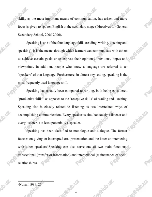 aying attention to the success of the interaction and adjusting components of speech such as vocabulary, rate of speech, and complexity of grammar structures to maximize listener's comprehension and involvement. topicality of the study as stated before, the research problem can be identified in the students’poor mastery of the necessary efl speaking skills that should be developed in the secondary stage. this might be attributed to the traditional methods of teaching adopted by most efl secondary stage teaches to realize the objectives. therefore,the current study attempts to develop the necessary speaking skills for first year secondary students through the use of a task- based proposed program designed in the light of the cognitive approach to language learning. the novelty of the study speaking definition, purposes and genres were presented. in addition,aspects of speaking and features characterizing and distinguishing speaking from writing were elaborated. these features have to be taken into …