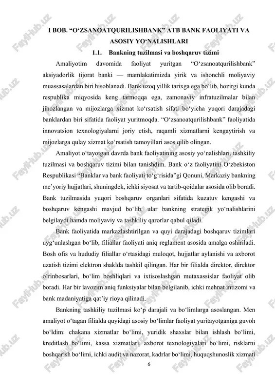 hgan bo‘lib, filiallar faoliyati aniq reglament asosida amalga oshiriladi. bosh ofis va hududiy filiallar o‘rtasidagi muloqot, hujjatlar aylanishi va axborot uzatish tizimi elektron shaklda tashkil qilingan. har bir filialda direktor, direktor o‘rinbosarlari, bo‘lim boshliqlari va ixtisoslashgan mutaxassislar faoliyat olib boradi. har bir lavozim aniq funksiyalar bilan belgilanib, ichki mehnat intizomi va bank madaniyatiga qat’iy rioya qilinadi. bankning tashkiliy tuzilmasi ko‘p darajali va bo‘limlarga asoslangan. men amaliyot o‘tagan filialda quyidagi asosiy bo‘limlar faoliyat yuritayotganiga guvoh bo‘ldim: chakana xizmatlar bo‘limi, yuridik shaxslar bilan ishlash bo‘limi, kreditlash bo‘limi, kassa xizmatlari, axborot texnologiyalari bo‘limi, risklarni boshqarish bo‘limi, ichki audit va nazorat, kadrlar bo‘limi, huquqshunoslik xizmati va marketing bo‘limi. har bir bo‘lim o‘z funksiyalarini bajarishda umumiy bank siyosatiga, markaziy bank ko‘rsatmalariga va ichki me’yoriy hujjatlarga amal qiladi. chakana xizmatlar bo‘limi bank faoliyatining eng ko‘p tashrif buyuriladigan bo‘limlaridan biri bo‘lib, jismoniy shaxslarga xizmat ko‘rsatish, hisobvaraq ochish, plastik kartalar berish, omonatlar jalb qilish, valyuta ayirboshlash, kommunal to‘lovlarni …