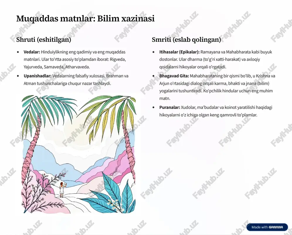aqiqat yagonadir, ammo donishmandlar uni turli nomlar bilan ataydilar." hinduiylik turli xil xudo tushunchalariga va amaliyotlariga ruxsat beradi. hinduiylik nafaqat din, balki hayot tarzi, falsafiy qarashlar majmuasi bo'lib, insoniyatning ruhiy izlanishlari uchun boy manba bo'lib xizmat qiladi. https://gamma.app/?utm_source=made-with-gamma