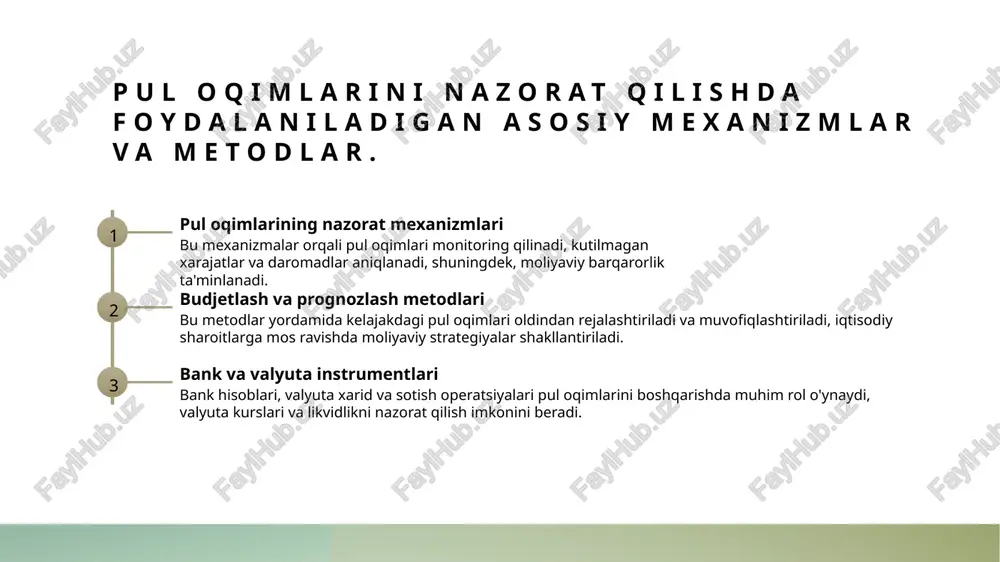 rish strategiyalarining moliyaviy barqarorlikdagi roli 1 moliyaviy barqarorlik uchun strategiyalar samarali pul oqimlarini boshqarish iqtisodiy barqarorlikni ta'minlaydi, risklarni kamaytiradi va bank muvozanatini mustahkamlaydi, bu esa uzoq muddatli rivojlanishga yordam beradi. 2 likvidlikni boshqarish likvidlikni samarali boshqarish orqali kompaniyalar va davlat pul oqimini nazorat qilib, qisqa muddatli majburiyatlarni qoplash va investitsiyalarni qo‘llab-quvvatlaydi. 3 raqamli texnologiyalarni qo‘llash raqamli texnologiyalar, masalan, onlayn banking va mobil ilovalar, pul oqimini real vaqt rejimida nazorat qilish va boshqarishni osonlashtiradi, xavflarni kamaytiradi. xulosa 1 pul oqimlarini boshqarishning muhim ahamiyati - pul oqimlarini samarali boshqarish iqtisodiy barqarorlikni ta’minlaydi, risklarni kamaytiradi va moliyaviy xavfsizlikni mustahkamlaydi, uzoq muddatli rivojlanishni qo‘llab-quvvatlaydi. 2 zamonaviy texnologiyalar bilan pul oqimini nazorat qilish - raqamli texnologiyalar yordamida pul oqimlarini real vaqt rejimida kuzatish va tahlil qilish mumkin, bu moliyaviy barqarorlikni oshirishda muhim rol o‘ynaydi. 3 iqtisodiy sharoitga mos strategiyalar ishlab chiqish - pul oqimlarini boshqarishda iqtisodiy sharoit va valyuta kurslari bilan mos strategiyalar ishlab chiqish, …