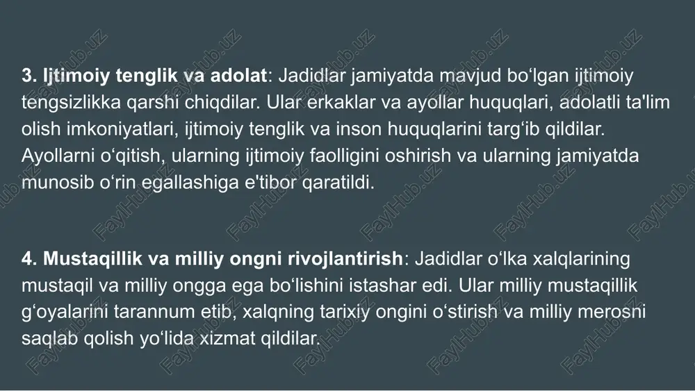 ng asarlari zamonaviy o‘zbek adabiyotining asosiy qismiga aylangan. ahmad donish (1827–1897) – buxorodagi mashhur jadidchilik harakati a'zosi. xalq orasida ilm-fan va ma'rifatni yoyish uchun ko‘plab ishlar qilgan. uning asarlari jamiyatda adolat va tinchlik g‘oyalarini ilgari surgan. hamza hakimzoda niyoziy (1889–1929) – shoir, dramaturg va yozuvchi. milliy teatrni rivojlantirishga katta hissa qo‘shgan. o‘zbek adabiyotida yangi uslub yaratgan. fayzulla xo‘jayev (1896–1938) — o‘zbekistonning eng yirik jadidlaridan biri bo‘lib, uning faoliyati ta'lim, siyosat va madaniyat sohalarida katta iz qoldirdi. u buxoroda tug‘ilgan va yoshligidan ilm-fanga qiziqqan. xo‘jayev yangi usuldagi maktablar ochish, xalqni savodli qilish va milliy g‘oyalarni yoyish uchun ko‘plab sa’y-harakatlar qilgan. uning ta'lim sohasida amalga oshirgan islohotlari jamiyatda yangi tafakkur va o‘zlikni anglashni rivojlantirdi. xulosa jadidchilik harakati xix asr oxiri va xx asr boshlarida o‘rta osiyo va turkistonda milliy uyg‘onish, ta'lim islohotlari va ma'naviy rivojlanish uchun ko‘plab yangiliklarni olib keldi. jadidlar, asosan, yangi usuldagi maktablar ochish, ilm-fanni rivojlantirish, jamiyatni o‘zgartirish va xalqni …