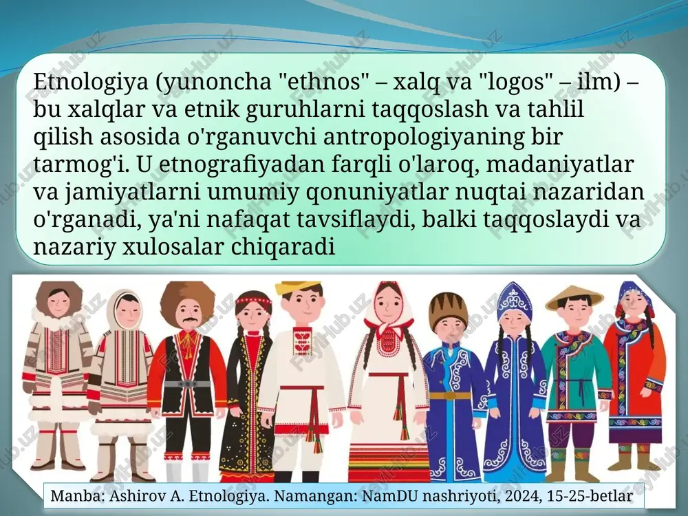 gi kunda o'zbekiston ilmiy muassasalarida etnologiya nazariy asoslari, ilmiy uslublari va rivojlanish istiqbollari bo'yicha maxsus tadqiqotlar olib borilmoqda. masalan, o'zbek xalqining dehqonchilik, hunarmandchilik va oilaviy urf-odatlarini o'rganish bo'yicha dala ishlar (fieldwork) keng tarqalgan bo'lib, farg'ona etnografiya safari (1950-yildan boshlab) va toshkent vohasi tadqiqotlari muhim natijalar berdi. manba: mavlonov a.a. etnologiya. toshkent: akademnashr, 2023, 105-120-betlar o'zbekistonda etnologiya rivojlanishi mamlakatda yashovchi 100 dan ortiq etnik guruhlarning etnografiyasi, jumladan, qozoq, qirg'iz, tojik va ruslarning madaniy aloqalari o'rganilmoqda. o'zbekiston milliy universiteti, andijon davlat universiteti va namangan davlat universitetida etnologiya bo'yicha maxsus kafedralar faoliyat yuritib, oliy ta'lim dasturlarini takomillashtirmoqda. 2018-yildan falsafa doktori (dsc) darajalari berilishi bilan yangi avlod olimlar tarbiyalanmoqda. manba: doniyorov a.x., xoshimova d. o'zbekistonda etnografiya fanining shakllanishi va rivoji. toshkent: fan, 2015, 45-60-betlar. o'zbekistonda etnologiyasi muammolari muammolar orasida etnografik arxivlarning yetarli darajada raqamlashtirilmagani va xalqaro grantlarning kamligi bor, ammo xalqaro hamkorlik (rossiya, germaniya va polsha olimlari bilan) orqali bu soha rivojlanmoqda. kelajakda etnologiya …