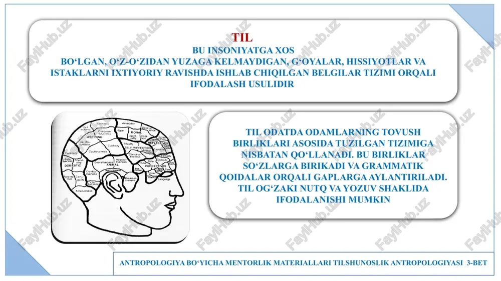 ishga yordam beradi diskurs tahlili— bu til va nutq orqali qanday ma'no va tushunchalar yaratilishi, jamiyatda qanday ijtimoiy munosabatlar ifodalanishi va mustahkamlanishini o‘rganuvchi tahlil usulidir. antropologiya bo‘yicha mentorlik materiallari tilshunoslik antropologiyasi 17-bet verbal va noverbal aloqa verbal aloqa — bu odamlar o‘rtasidagi so‘zlar orqali amalga oshadigan muloqot shaklidir. u og‘zaki yoki yozma bo‘lishi mumkin noverbal aloqa — bu so‘zlarsiz, ya’ni nutqsiz amalga oshadigan muloqot turidir. unda odamlar o‘z fikrlarini tanadagi harakatlar, mimikalar, imo-ishoralar, ovoz ohangi, tana turg‘unligi va boshqa vositalar orqali ifoda etadilar. antropologiya bo‘yicha mentorlik materiallari tilshunoslik antropologiyasi 18-bet globalizatsiya — bu dunyo mamlakatlari o‘rtasidagi siyosiy, iqtisodiy, madaniy va texnologik aloqalarning chuqurlashuvi va o‘zaro bog‘liqligining ortishi jarayonidir. bu jarayon natijasida dunyo tobora yaxlit tizimga aylanmoqda, ya'ni turli hududlar bir-biriga bevosita ta’sir ko‘rsatadigan darajada yaqinlashadi. texnologiya — bu insonlarning muayyan maqsadlarga erishish uchun ilmiy bilimlar, vositalar, usullar va jarayonlardan foydalanishidir. texnologiya odatda muammolarni hal qilish, mahsulotlar yaratish yoki xizmatlar ko‘rsatish …