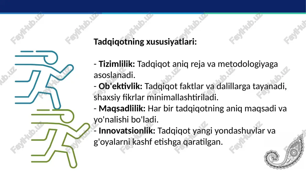 ladi. 2 3 4 t tadqiqot natijalarining foydalanuvchilari 1 2. sanoat va biznes: - tadqiqot natijalari yangi mahsulotlar, xizmatlar yoki texnologiyalarni ishlab chiqarishda qo'llaniladi. - misol: farmatsevtika kompaniyalari yangi dori vositalarini ishlab chiqarishda tadqiqotlardan foydalanadi. 3. davlat va hukumat organlari: - tadqiqot natijalari siyosat ishlab chiqish, iqtisodiy rejalashtirish va ijtimoiy muammolarni hal qilishda qo'llaniladi. - misol: iqlim o'zgarishi bo'yicha tadqiqotlar davlatlarning ekologik siyosatiga ta'sir qiladi. 4. jamiyat va aholi: - tadqiqotlar hayot sifatini oshirishga xizmat qiladi (masalan, sog'liqni saqlash, ta'lim, ekologiya). - misol: tibbiy tadqiqotlar orqali kasalliklarni davolash usullari yaxshilanadi. xulosa tadqiqot – bu jamiyatning rivojlanishi va yangi imkoniyatlar yaratishning asosiy vositasidir. uning tushunchasi va mohiyati bilimlarni kengaytirishga xizmat qilsa, asosiy vazifalari muammolarni hal qilish va amaliy yechimlar ishlab chiqarishga qaratilgan. motivatsiya tadqiqotchilarning samaradorligini oshiradi, natijalar esa turli sohalarda keng qo'llaniladi. foydalanilgan adabiyotlar: 1. jo‘rayev, a. (2021). ilmiy tadqiqot metodologiyasi. – toshkent: o‘zbekiston milliy universiteti nashriyoti. 2. g‘ulomov, s. va …