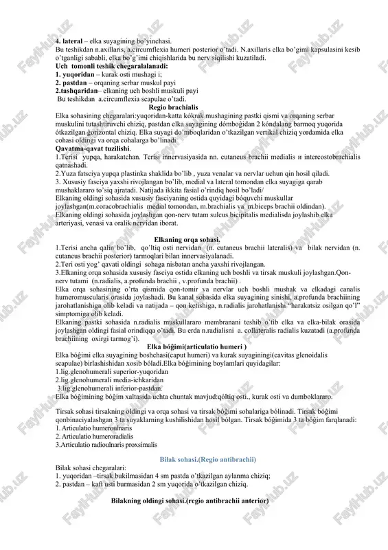an sohasini asoslab bering. 42. arcus palmaris superfisialisning tarmoqlarini canab bering. (mavzu bayoni) qo’l muskullar vositasida tanaga bevosita birikkap bόlib. bir tomondan bόyin, ikkinchi tomondan όmrov suyaklari vosita yordamida chegaralanadi. qo’lda quyidagi sohalar farqlanadi: 1.kurak-regio scapularis 2.deltasimon- regio deltoidea 3.όmrov osti-regio infraclavicularis 4.qόltiq osti-regio axillaries 5.elkaning oldingi va orqa sohalari- regio brachii anterior et posterior 6.tirsakning oldingi va orqa sohalari- region cubiti anterior et posterior 7. bilakning oldingi va orqa-regio antibrachii anterior et posterior 8.qo’l panjasi- region manus, kaft usti(region carpi), kaft(region metacarpi), va barmoqlar(digiti). qo’ltiq osti chuqurchasi devorlari: 1. oldingi – katta va kichik ko’krak mushaklari; 2. orqa – kurak osti mushagi, orqaning serbar mushagi va katta yumaloq mushak; 3. medial –ko’krak devorining tashqi yuzasi ishsimon mushak; 4.lateral – elka suyagining medial yuzasi? ikki boshli mushakning kalta boshi va tumshuqsimon-elka mushagi qo’ltiq osti chuqurchasida joylashadi: 1. yog’ kletchatkasi; 2. a. axillaris va uning tarmoqlari; 3. v. axillaris ; 4. …