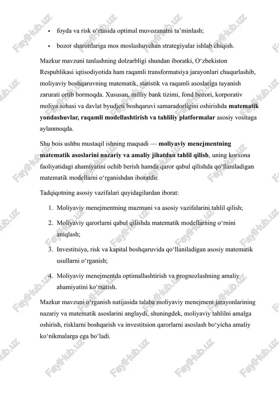 ar, majburiyatlar, investitsiyalar va kapital tuzilmasini samarali boshqarishga qaratilgan boshqaruv tizimidir. moliyaviy menejment — bu korxona yoki tashkilot faoliyatining moliyaviy tomonlarini samarali boshqarishga qaratilgan boshqaruv tizimi bo‘lib, u moliyaviy resurslarni shakllantirish, taqsimlash, ulardan oqilona foydalanish va ularning harakatini nazorat qilish jarayonini o‘z ichiga oladi. boshqacha aytganda, moliyaviy menejment — bu moliyaviy oqimlarni rejalashtirish, tashkil etish, tahlil qilish va nazorat qilish orqali korxonaning qiymatini oshirishga qaratilgan ilmiy-amaliy faoliyatdir. moliyaviy menejment sohasining mohiyatini to‘liq anglash uchun “moliyaviy boshqaruv” atamasining mazmunini iqtisodiy tizimning asosiy elementlari – kapital, aktivlar, majburiyatlar, daromad va xarajatlar – bilan bog‘liq holda ko‘rib chiqish zarur. chunki bu kategoriyalar korxonaning moliyaviy barqarorligini ta’minlashda hal qiluvchi ahamiyat kasb etadi. moliyaviy menejmentning asosiy maqsadi moliyaviy menejmentning bosh maqsadi – korxona qiymatini (firm value) maksimal darajada oshirishdir. bu esa faqatgina qisqa muddatli foyda olish emas, balki uzoq muddatli barqaror rivojlanish, investitsion jozibadorlikni oshirish, aktsiyadorlar boyligini ko‘paytirish va korxonaning raqobatbardoshligini mustahkamlash orqali amalga oshiriladi. …