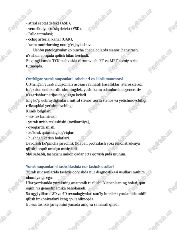 — monitoring zarur. fetal ekokardiyografiya (prenatal screening va diagnostika) · fetal exokg gestatsiyaning 18–22-haftalarida skrining uchun optimallashtirilgan; xavf omillari mavjud boʻlganda yoki skriningda anomaliya koʻrilganda batafsil fetal ekokardiyografiya tavsiya etiladi. isuog va ase tavsiyalari prenatal skrining, chek-listlar va yuqori xavfli holatlarni aniqlashga oid yangilangan yoʻriqnomalarni bergan. prenatal tashxis genetik, obstetrik va neonatologik rejalashtirish uchun muhim. · qachon va kimga o‘tkaziladi: isuog tavsiyalariga ko‘ra asosiy skrining 18–22 haftalarda bajariladi; yuqori xavfli holatlarda maxsus fetal echo (masalan, diabetik onalar, oilada poroklar tarixi) zarur. · protokol: standart tasvirlar (qon tomir tasvirlari), rangli doppler integratsiyasi; murakkab holatlarda fetal kardiologia markaziga yuborish. · amaliy jihat: prenatal tashxis genetik maslahat, yetishtirish joyini rejalashtirish (neonatolog, kardiojarroh tayyorligi) uchun muhim. kompyuter tomografiyasi (kt) kt yordamida yurak va yirik tomirlarning anatomiyasi, tug‘ma nuqsonlarning murakkab shakllari, shuningdek, kalsifikatsiya darajasi aniqlanadi. zamonaviy spiral kt va 3d rekonstruksiya usullari diagnostikada katta imkoniyatlar yaratmoqda. shuningdek, yurak arteriyalaridagi torayishlarni aniqlashda kt-angiografiya muhim o‘rin tutadi. …