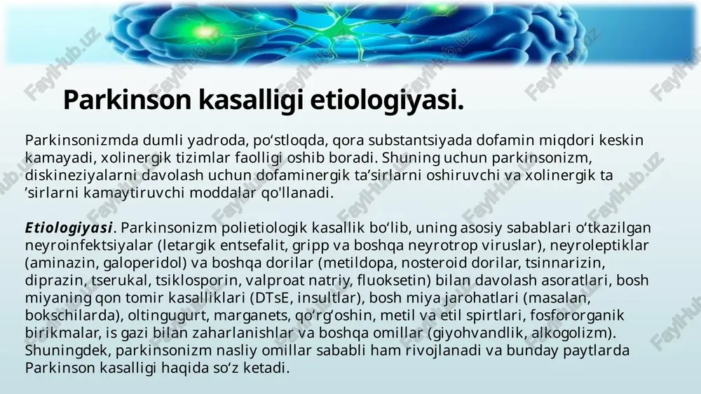 ofamin esa gematoensefalik to'siqdan o'tolmaydi. levodopaning shu to'qimalarda dofaminga aylanishini sekinlashtirish uchun dofa ni dofaminga aylantiradigan dofamindekarboksilaza fermentining ingibitorlari - karbidopa, benserazid moddalari bilan birga qo'llaniladi, ingibitorlar bilan birga tayyorlangan tabletkalar nakom (levodopa+karbidopa), madopar (levodopa+benserazid) parkinsonizm holatlarini davolashda qo'llanadi. levodopaning ta’siri asta-sekin boshlanib, birinchi galda mushaklar gipokineziyasi varigidligi, keyinchalik bir oz qaltirash, disfagiya kamayadi, harakatlar ortadi. bir oyning ichida ta’siri ko'rinarli bo'ladi, davomli qo'llanadi. qo'llashdan to'xtatilsa, parkinsonizm holati yana qaytalanadi. levodopa markaziy nerv sistemasida dofaminni miqdorini oshiradi, shu bilan birga noradrenalinning miqdori ham oshadi va salbiy ta’sirlar paydo bo'ladi: bemoming ishtahasi pasayadi, ko'ngil aynaydi, qayt qiladi, boshi og'riydi, ortostatik gipotoniya, aritmiya va boshqalar yuzaga keladi. levodopani ateroskleroz, gipertoniya, buyrak, jigar, o'pka kasalliklarida qo'llash man etiladi. levodopa vitamin b6, papaverin, mao (monoaminooksidaza) fermentining ingibitorlari bilan qo'llanilmaydi, chunki bu moddalar levodopa ta’sirini yo'qotishi (vitamin b6), oshirishi (mao ingibitorlari) yoki kamaytirishi (papaverin) mumkin. 8 ushbu qoidalarni eslab qoling: 1) levodofa dorilari ta’siri kamayib …