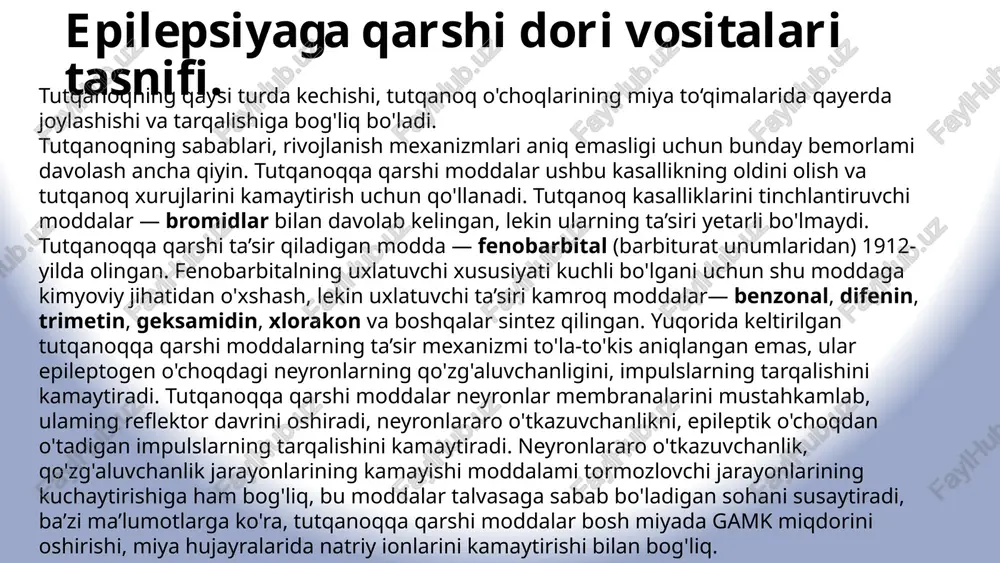 onooksigenaz sistemasi faoliyatini oshiradi, giperbilirubinemiyalami, chaqaloqlar gemolitik anemiyasini davolashda qo'llaniladi. benzonalning noxush asoratlari nisbatan kamroq uchraydi, jigar, buyraklar kasalligida, yurak-qon tomir yetishmovchiligida qo'llash man etiladi. benzonal. 9 difenin. difenin - katta tutqanoqlarda qo'llanadi, giperkinezlar (tirishish)ni ham kamaytiradi, epileptogen o'choqlarga natriy ionlari o'tishiga to'sqinlik qiladi. difenin glyukokortikoidlar hosil bo'lishini kamaytiradi, glyukokortikoidlar esa markaziy nerv sistemasining qo'zg'aluvchanligini oshiradi. difenin oshqozon-ichak shilliq qavatini ta’sirlash xususiyatiga ega, jigar va buyrak kasalliklarida organizmda to'planishi mumkin, shuning uchun bu moddani ushbu kasalliklarda qo'llash man etiladi. davomli qo'llanilganda oyoq - qo'llar qaltirashi, ko'z og'rishi, bezovtalik, uyqusizlik yoki uyquchanlik, milklar shishib ketishi, qonda leykotsitoz hamda megaloblastik anemiya hosil bo'lishi mumkin, bunday asoratlar paydo bo'lsa, difeninni qo'llashni to'xtatish kerak. 10 xlorakon katta talvasalar va psixomolor ekvivalentlarda qo'llaniladi, modda impulslarning piramid, segmentar, spinal yo'llaridan orqa miya motoneyronlariga o'tishiga to'sqinlik qiladi. geksamidin, fenobarbital, difeninga nisbatan tutqanoqqa ta’siri kamroq, zaharli xususiyati oz. xiorakon bolalardagi sustroq talvasali xurujlarda ta’sir ko'rsatib, bemor kayflyatini yaxshilaydi, …