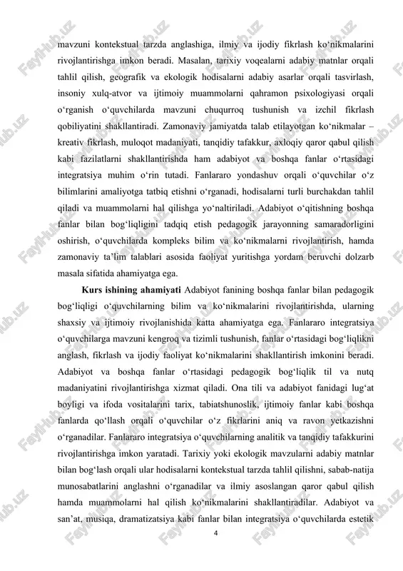 i tahlil qilish orqali o‘quvchilar axloqiy qadriyatlarni, insoniy fazilatlarni va jamiyatdagi o‘z o‘rnini anglashni o‘rganadilar. shu sababli adabiyot fanini boshqa fanlar bilan bog‘lash pedagogik jarayonning samaradorligini oshiradi va o‘quvchilarning akademik bilimlari bilan birga shaxsiy, ijtimoiy va ijodiy ko‘nikmalarini rivojlantirishga xizmat qiladi. mavzuning maqsadi adabiyot fanining boshqa fanlar bilan pedagogik bog‘liqligini aniqlash va fanlararo integratsiya orqali o‘quvchilarning bilim, ko‘nikma, fikrlash va ijodiy faoliyatini rivojlantirish yo‘llarini o‘rganishdan iborat. tadqiqot o‘quv jarayonida adabiyot va boshqa fanlar o‘rtasidagi bog‘liqlikning ta’lim sifatiga ta’siri, o‘quvchilarning mavzuni chuqurroq tushunishi, ularni kompleks va tanqidiy fikrlashga jalb etish, shaxsiy va ijtimoiy rivojlanishiga qo‘shadigan hissasini aniqlashga qaratilgan. mavzuning vazifasi · adabiyot fanining ta’lim va tarbiya jarayonidagi pedagogik ahamiyatini tahlil qilish · adabiyot va boshqa fanlar o‘rtasidagi o‘zaro bog‘liqlikni aniqlash · fanlararo integratsiya orqali o‘qitish metodlari va usullarini o‘rganish · o‘quvchilarning mavzuni chuqurroq tushunishi va fikrlash ko‘nikmalarini rivojlantirishga yo‘naltirilgan amaliy tavsiyalar ishlab chiqish mavzuning obyekti o‘quvchilarning adabiyot va boshqa fanlar bilan …