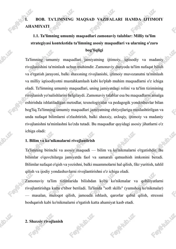 i — o'quvchilarda madaniy qadriyatlarni shakllantirish va ularning madaniy jihatdan rivojlanishini ta'minlashdir. bu ta'limni faqat milliy madaniyat bilan cheklab qolmasdan, global madaniyatning eng yaxshi taraflarini o'rganishni ham anglatadi. ta'lim orqali o'quvchilar globallashuv jarayonida o'z o'rnini topish va xalqaro hamkorlikda muvaffaqiyat qozonish imkoniyatiga ega bo'lishadi. 5. axloqiy qadriyatlar ta'lim axloqiy qadriyatlarni shakllantirish orqali shaxsning yuksak ma'naviy-axloqiy sifatlarini rivojlantiradi. o'quvchilar axloqiy masalalarda to'g'ri qarorlar qabul qilishni, o'z xatti-harakatlariga javobgarlikni his qilishni o'rganadilar. 6. kasbiy tayyorlash ta'lim nafaqat umumiy bilim berish, balki o'quvchilarni kelajakda kasbiy faoliyatga tayyorlashni ham o'z ichiga oladi. bugungi kunda kasbiy ta'limni umumta'limdan ajratib bo'lmaydi, chunki kasbiy ta'lim o'quvchilarga texnologik, iqtisodiy va ijtimoiy sohalarda malakali mutaxassislar bo'lish imkoniyatini yaratadi. zamonaviy talablar zamonaviy ta'lim talablarining o'zgarishi asosan texnologik rivojlanish, globalizatsiya va jamiyatdagi yangi ijtimoiy ehtiyojlar bilan bog'liq. bu talablar ta'lim jarayonida yangi metod va yondashuvlarni talab qiladi. 1. raqamli ta'lim va texnologiyalar zamonaviy ta'lim tizimida raqamli texnologiyalar va onlayn platformalar o'zining …