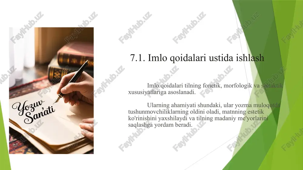 nma-yon kelishi mumkin. masalan: sport traktor punkt tekst filtr markaz 7.4. yonma-yon kelgan undoshlar imlosi bu so'zlarning yozilishida talaffuzdagi ba'zi o'zgarishlar (masalan, undoshlar orasiga yordamchi unli tovush qo'shilishi) imloda aks etmaydi. masalan, film so'zi talaffuzda [filim] deb aytilsa-da, yozuvda film deb yoziladi. 20 qo'sh undoshlar qo'sh undoshli so'zlar o'zbek tilida ba'zi so'zlarda qo'sh undoshlar uchraydi. masalan: massaj parallelogramm grammatika yozilish qoidasi bu so'zlarning yozilishida qo'sh undoshlar saqlanib qoladi. ba'zi hollarda, ayniqsa, o'zlashma so'zlarda, qo'sh undoshlardan biri tushib qolishi mumkin, ammo bu imloda aks etmaydi. masalan, klass so'zi talaffuzda [klas] deb aytilsa-da, yozuvda klass deb yoziladi. 7.4. yonma-yon kelgan undoshlar imlosi 21 ba'zi hollarda, so'zga qo'shimcha qo'shilganda undosh tovushlar almashishi mumkin. yurak + i = yuragi (k tovushi g ga almashgan) kitob + ga = kitobga (b tovushi v ga almashmagan, ammo talaffuzda o'zgarishi mumkin) bu o'zgarishlar imloda aks etishi kerak. 7.4. yonma-yon kelgan undoshlar imlosi 22 undoshlar birikmasi oxirida kelganda …