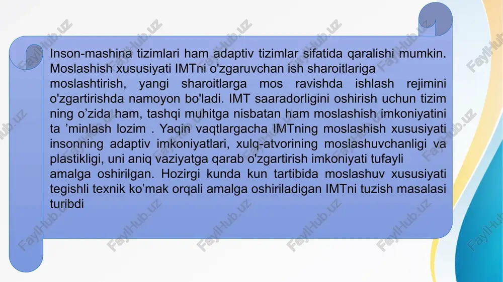 azish va uni manipulyatsiya qilish (tugmachani bosish, o'zgartirish, muruvatini aylantirish, qo’lni aylantirish va boshqalar]. har bir bosqichda operator o’z harakatlarini nazorat qilishni amalga oshiradi bu o'z-o’zini nazorat qilish instrum ental yoki noinstrum ental bo'iishi mumkin. birinchi holda operator o’z harakatlarini maus texnik vositalar yordam ida nazorat qiladi (m asalan, maxsus ko’rsatkichlar yordam asosida axborotlar to`plamining to’g'riligini nazorat qiladi]. ikkinchi holda nazorat texnik vositalardan foydalanmasdan amalga oshiriladi. u ko'rgazmali tekshirish, individual harakatlarni takrorlash va boshqalar orqali amalga oshiriladi. o’zini-o’zi nazoratning har qanday turi operator faoliyati ishonchliligini oshirishni ta'minlaydi. dastlabki ikki bosqich birgalikda ba'zan axborot olish deb yuritiladi va oxirgi ikki bosqich esa uni amalga oshirish deb yuritiladi. ta’rifdan ko’rinib turibdiki, axborotni olish ikki darajani o’z ichiga oladi, chunki joriy axborot operatorga texnik qurilm alar tizimi orqali uzatiladi 3.operator mehnatining turlari operator-texnolog bevosita texnologik jarayonda ishtirok etadi. u asosan zudlik bilan xizm at ko'rsatish rejimida ishlaydi. uning faoliyatida nazorat harakatlari ustunlik qiladi. …