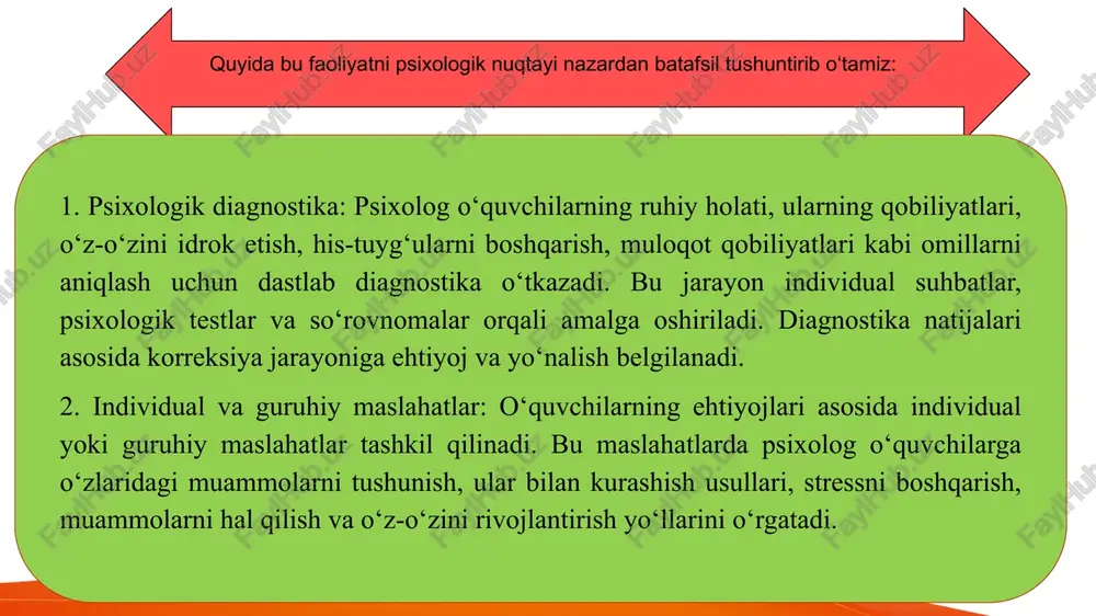 huvchanlikning samaradorligini oshirishda muhim omil hisoblanadi. 1. emotsional barqarorlikni oshirish: psixologik korreksiya vazifalaridan biri o‘quvchilarda emotsional barqarorlikni shakllantirishdir. e.b. kolesov va e.v. milyukov kabi olimlarning tadqiqotlari o‘quvchilarning ruhiy sog‘lig‘ini yaxshilashda psixologik treninglarning roli katta ekanini ko‘rsatadi. 2. stressni boshqarish ko‘nikmalarini rivojlantirish: a. lazarus va s. folkman stressni boshqarish nazariyasiga ko‘ra, stressga qarshi kurashish va uni boshqarish ko‘nikmalarini rivojlantirish korreksiya jarayonining asosiy vazifalaridan biridir. bu jarayonda o‘quvchilar turli yondashuvlar va mashqlar yordamida stressni yengib o‘tish yo‘llarini o‘rganadilar. psixologik korreksiya faoliyatining vazifalari 3. ijtimoiy moslashuvni rivojlantirish: ijtimoiy moslashuv o‘quvchilar uchun muhimdir. d.b. elkonin va l.i. bozhovichlarning ijtimoiy moslashuv jarayoniga oid izlanishlari shuni ko‘rsatadiki, psixologik korreksiya jarayoni o‘quvchilarning jamiyatda muvaffaqiyatli moslashishi va o‘z o‘rnini topishga yordam beradi. 4shaxsiy rivojlanishni qo‘llab-quvvatlash: psixologik korreksiya jarayonida shaxsiy rivojlanishni rag‘batlantirish muhim vazifalardan biridir. masalan, l.s. vygotskiyning psixik rivojlanish nazariyasiga ko‘ra, o‘quvchilar o‘zlarining rivojlanish jarayonida ijtimoiy o‘zaro ta’sir orqali rivojlanadilar. shunday qilib, psixologlar o‘quvchilarning individual qobiliyatlarini rivojlantirishda katta …
