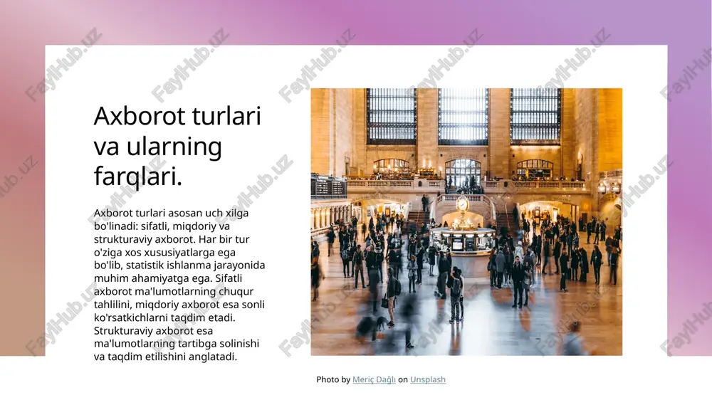 hlil usullarining iqtisodiy sohadagi qo'llanilishi. iqtisodiy sohada statistik tahlil usullari, iqtisodiy ko'rsatkichlarni aniqlash va rivojlantirishda muhim rol o'ynaydi. ushbu usullar yordamida tadqiqotchilar ma'lumotlarni tahlil qilib, iqtisodiy tendensiyalarni o'rganishadi. misol uchun: - bozorning talab va taklifini aniqlash - moliyaviy holatning barqarorligini baholash - investitsion risklarni tahlil qilish. photo by chris briggs on unsplash ijtimoiy tadqiqotlarda statistik analiz va uning ahamiyati. 1 ijtimoiy tadqiqotlar ijtimoiy tadqiqotlar, jamiyatdagi muammolarni aniqlash va tushunish uchun statistik analizlardan foydalanadi. bu jarayon, dalillarni to'plash va tahlil qilish orqali amalga oshiriladi. 2 statistik analizning roli statistik analiz, ijtimoiy tadqiqotlarda ma'lumotlarni sifatli va miqdoriy baholash imkonini beradi. bu usul, natijalarni aniqlik bilan tushuntirish va tavsiflashda muhimdir. 3 ahamiyati va amaliyoti ijtimoiy tadqiqotlarda statistik analizning ahamiyati, qaror qabul qilish jarayonini yengillashtirish va jamiyatdagi o'zgarishlarga ta'sir ko'rsatishda namoyon bo'ladi. axborot va statistik tahlil: ilmiy izlanishlarda innovatsiyalar. 1 axborotning innovatsionlari ilmiy izlanishlarda axborotning innovatsion jihatlari yangi metodlar va texnologiyalarni qo'llash orqali natijalarni …