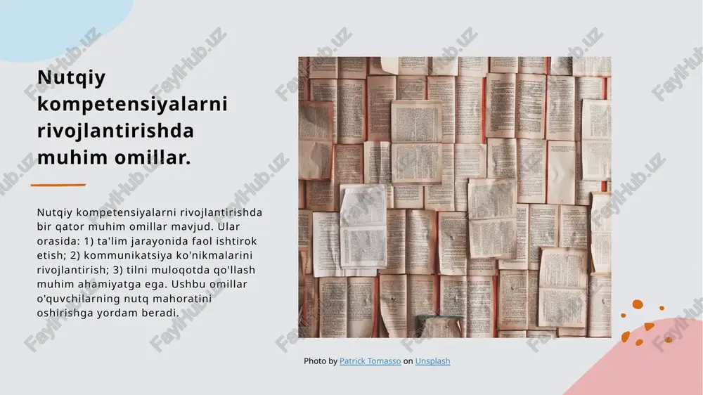 sa nutqiy malakalarini oshirishda muhim rol o'ynaydi. guruhlarda o'qitish guruhlarda o'qitish, talabalar o'rtasida hamkorlikni rivojlantiradi va bir-biridan o'rganishga imkon yaratadi, bu esa kommunikativ ko'nikmalarni yaxshilaydi. talabalar uchun nutqiy malakalarni oshirish usullari. talabalar uchun nutqiy malakalarni oshirish usullari interaktiv o‘qitish, amaliy mashg‘ulotlar va guruh muhokamalari orqali amalga oshiriladi. bu usullar yordamida talabalar o‘z fikrlarini aniq va ravon ifoda etish imkoniyatiga ega bo‘ladilar. - interaktiv o‘yinlar va simulyatsiyalar. - o‘zaro fikr almashish va tahlil qilish. - mavzuga oid prezentatsiyalar tayyorlash. photo by kelly sikkema on unsplash o'zbek ta'limida innovatsion pedagogik yondashuvlar. innovatsion metodlar texnologiyalardan foydalanish ta'limni shaxsiylashtirish o'zbek ta'limida innovatsion metodlar, masalan, loyiha asosida o'qitish va muammoli o'qitish, talabalar faolligini oshirishga xizmat qiladi. zamonaviy texnologiyalar, jumladan, interaktiv ta'lim platformalari, o'qitish jarayonini qiziqarli va samarali qilish uchun keng qo'llaniladi. shaxsiylashtirilgan ta'lim yondashuvi, har bir talabani individual ehtiyojlariga mos ravishda o'qitish imkonini beradi, bu esa natijalarni yaxshilaydi. o'qitishda zamonaviy texnologiyalar va ularning roli. 1 …