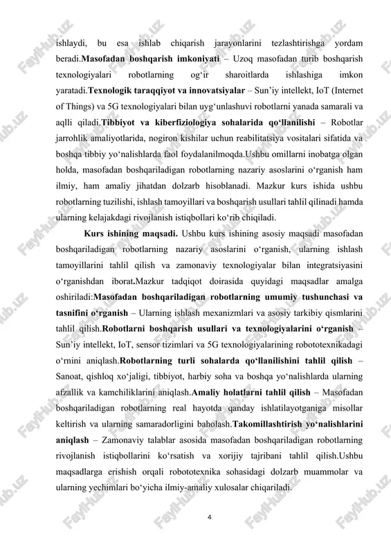 soslarini o‘rganish – ularning tuzilishi, ishlash tamoyillari va boshqarish usullarini tahlil qilish. -robototexnika sohasidagi zamonaviy texnologiyalarni o‘rganish – sun’iy intellekt, iot, 5g va boshqa ilg‘or texnologiyalarning robotlarga ta’sirini aniqlash. -masofadan boshqariladigan robotlarning qo‘llanilish sohalarini tahlil qilish – sanoat, qishloq xo‘jaligi, tibbiyot, harbiy soha va boshqa yo‘nalishlarda ularning imkoniyatlarini o‘rganish. -amaliy holatlar asosida tahlil o‘tkazish – masofadan boshqariladigan robotlarning real hayotda qo‘llanilishi va ularning samaradorligini baholash. i-bob. masofadan boshqariladigan robotlarning nazariy asoslari 1.1. robototexnika va uning rivojlanish tarixi robototexnika bugungi kunda texnologik taraqqiyotning ajralmas qismiga aylangan sohalardan biri bo‘lib, uning rivojlanishi insoniyatning ilg‘or innovatsiyalarga bo‘lgan ehtiyojini aks ettiradi. robotlar nafaqat ishlab chiqarish jarayonlarini avtomatlashtirish, balki kundalik hayotda ham turli vazifalarni bajarishda muhim o‘rin tutmoqda. masofadan boshqariladigan robotlar esa inson uchun xavfli yoki murakkab muhitlarda ishlash imkoniyatini yaratib, xavfsizlikni ta’minlash va samaradorlikni oshirishga xizmat qilmoqda. robototexnikaning rivojlanishi uzoq tarixga ega bo‘lib, u asosan ilm-fan, muhandislik, elektronika va dasturlash sohalarining uyg‘unlashuvi natijasida shakllangan.robototexnikaning …