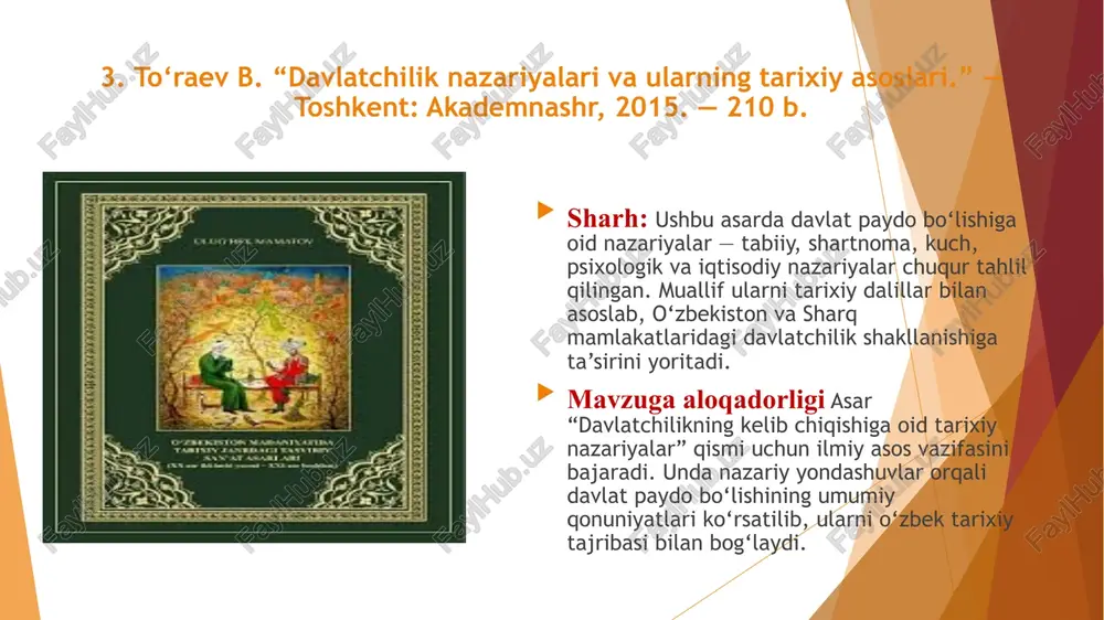 izimini tashkil etish zarurati tug‘iladi. shu jarayon natijasida dastlabki davlat shakllari vujudga kelgan. davlatchilik jamiyat hayotida muhim rol o‘ynaydi, chunki u siyosiy hokimiyatni markazlashtirish orqali ijtimoiy barqarorlikni ta’minlaydi. 1. azamat ziyo. “o‘zbek davlatchiligi tarixi.” — toshkent: universitet, 2010. — 184 b. davlatning mavjudligi tufayli jamiyatda qonuniylik, ijtimoiy adolat va xavfsizlik ta’minlanadi. davlatchilik tushunchasi faqat siyosiy tizimni emas, balki xalqning tarixiy xotirasi, madaniy qadriyatlari va milliy o‘zlikni anglash bilan ham chambarchas bog‘liqdir. davlatchilik o‘z mohiyatiga ko‘ra, xalqning o‘z taqdirini mustaqil belgilash huquqini ifodalaydi. u xalq suverenitetining, mustaqillikning va erkinlikning timsolidir. davlatchilikning mazmuni vaqt o‘tishi bilan takomillashib boradi, chunki har bir tarixiy davrda davlatning vazifalari, tuzilmasi va boshqaruv shakllari o‘zgarib turadi. masalan, qadimgi davlatlar ko‘proq harbiy boshqaruvga asoslangan bo‘lsa, zamonaviy davlatchilikda demokratik tamoyillar ustuvor hisoblanadi. 2. karimov i.a. “o‘zbekiston mustaqillikka erishish ostonasida.” — toshkent: o‘zbekiston, 2011. — 320 b. davlatchilikning asosiy belgilaridan biri bu – xalqning siyosiy birligi, hududiy yaxlitlik, konstitutsion boshqaruv …