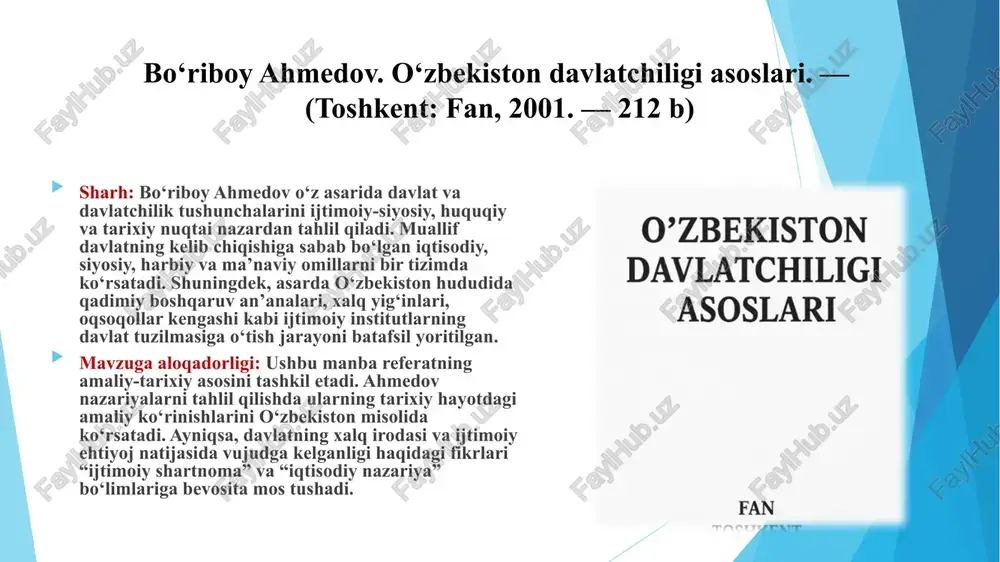 ijasida yuzaga kelgan bo‘lib, uning paydo bo‘lishi turli hududlarda turlicha kechgan. davlatning paydo bo‘lishi — bu ijtimoiy taraqqiyotning tabiiy mahsuli, iqtisodiy va siyosiy zarurat natijasidir. bu jarayonni tushuntirishda turli nazariyalar ishlab chiqilgan bo‘lib, ularning barchasi davlatning mohiyatini har xil jihatdan ochib beradi. davlatning kelib chiqishiga oid nazariyalarni o‘rganish o‘zbekiston davlatchiligi tarixini anglashda, milliy siyosiy tafakkur shakllanishini chuqur tahlil qilishda muhim ilmiy ahamiyatga ega. (manba: ziyo a., “o‘zbekiston davlatchiligi tarixi”, toshkent: universitet, 2010, 15-17-bet) davlatning paydo bo‘lishi — bu ijtimoiy taraqqiyotning tabiiy mahsuli, iqtisodiy va siyosiy zarurat natijasidir. bu jarayonni tushuntirishda turli nazariyalar ishlab chiqilgan bo‘lib, ularning barchasi davlatning mohiyatini har xil jihatdan ochib beradi. davlatning kelib chiqishiga oid nazariyalarni o‘rganish o‘zbekiston davlatchiligi tarixini anglashda, milliy siyosiy tafakkur shakllanishini chuqur tahlil qilishda muhim ilmiy ahamiyatga ega. ziyo a., “o‘zbekiston davlatchiligi tarixi”, toshkent: universitet, 2010, 15-17-bet) qadimgi o‘zbekiston hududida (xorazm, so‘g‘d, baxtariya, farg‘ona) ilk davlatlar iqtisodiy taraqqiyot, yer egaligi va savdo yo‘llarining …