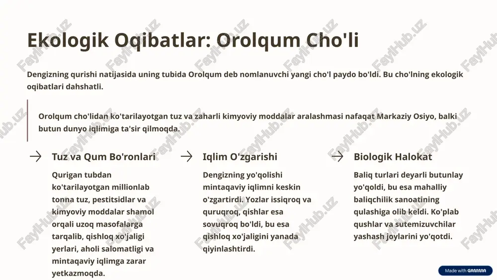 ernizatsiya qilish. qishloq xo'jaligida suvni tejaydigan texnologiyalarni (masalan, tomchilatib sug'orish) joriy etish. orolbo'yi hududlarida turizm, chorvachilik va muqobil iqtisodiy faoliyatni rivojlantirish. xalqaro donorlar va tashkilotlar bilan hamkorlikni kuchaytirish. 9 xulosa: global mas'uliyat orol dengizi fojiasi - bu bizning umumiy muammomiz orol dengizining qurishi inson faoliyatining atrof-muhitga ta'sirining yorqin misolidir. shimoliy orolning qisman tiklanishi umid uchqunini berdi, ammo katta orolning qurigan tubi hali ham katta muammo bo'lib qolmoqda. barqaror suvdan foydalanish mintaqaviy hamkorlik va suv resurslaridan oqilona foydalanish kelajakdagi barqarorlikning kalitidir. ekologik innovatsiyalar orolqum cho'lida o'rmonzorlar barpo etish kabi innovatsion yechimlar ekologik vaziyatni yaxshilashga xizmat qiladi. inson salomatligi mahalliy aholining sog'lig'ini himoya qilish va ijtimoiy sharoitlarni yaxshilash ustuvor vazifa bo'lib qoladi. 10 image-1002-1.png image-1-1.png image-1003-1.png image-2-1.png image-2-2.png image-2-3.png image-1004-1.png image-1005-1.png image-4-1.png image-4-2.svg image-4-3.png image-4-4.svg image-4-5.png image-4-6.svg image-1006-1.png image-5-1.png image-5-2.png image-1007-1.png image-1008-1.png image-7-1.png image-1009-1.png image-8-1.png image-8-2.svg image-8-3.png image-8-4.svg image-8-5.png image-8-6.svg image-8-7.png image-8-8.png image-1010-1.png image-9-1.png image-9-2.png image-9-3.svg image-9-4.png image-9-5.svg image-9-6.png image-9-7.svg image-1011-1.png image-10-1.png