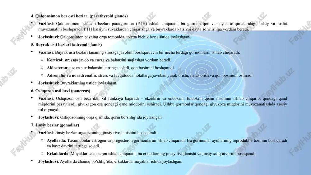 aruvchi boshqa a'zolardir. ular ham umumiy endokrin tizimning bir qismi bo‘lib, organizmda turli jarayonlarni tartibga solishda ishtirok etadi. quyida ayrim endokrin a'zolarni ko‘rib chiqamiz: 1. yurak vazifasi: yurak natriyuretik peptid deb nomlangan gormon ishlab chiqaradi, bu qon bosimini pasaytirishga va tanadagi tuz balansini tartibga solishga yordam beradi. 2. jigar vazifasi: jigar insulin-like growth factor (igf-1) va angiotenzinogen kabi gormonlarni ishlab chiqaradi, ular o‘sish jarayonini va qon bosimini boshqarishda ishtirok etadi. 3. böyraklar vazifasi: böyraklar eritropoetin (qon hujayralari ishlab chiqarilishini rag‘batlantiruvchi) va renin (qon bosimini tartibga soluvchi) gormonlarini ishlab chiqaradi. 4. oshqozon va ichaklar vazifasi: oshqozon va ichaklar ovqat hazm qilish jarayonlarini tartibga soluvchi gastrin, sekretin va boshqa gormonlarni ishlab chiqaradi. bu gormonlar ovqat hazm qilish fermentlari va kislota ishlab chiqarilishini boshqaradi. 5. timo bezi (thymus gland) vazifasi: timo bezi immun tizimining rivojlanishi va himoya funktsiyalari uchun zarur bo‘lgan timozin gormonini ishlab chiqaradi. joylashuvi: ko‘krak qafasida yurak ustida joylashgan, lekin yosh …