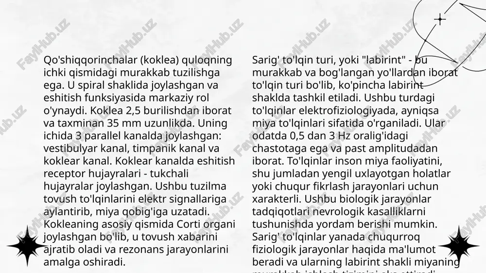 zga olib boruvchi oval teshik - dahliz oynasi (fenestra vestibuli) joylashgan bo‘lib, uni uzangi asosi berkitib turadi. do‘ngdan orqada va pastroqda yumaloq teshik - chig‘anoq oynasi (fenestra cochleae) bor. u nog‘ora bo‘shlig‘ini nog‘ora narvonidan ajratib turuvchi ikkilamchi nog‘ora parda (membrana tympani secundaria) bilan qoplangan. 4.orqa so‘rg‘ichsimon devorni (paries mastoideus) pastki qismida piramida tepaligi (eminentia pyramidalis) bo‘lib, uning ichidan uzangi mushagi (m.stapedius) boshlanadi. orqa devorning yuqori qismida nog‘ora bo‘shlig‘i so‘rg‘ichsimon g‘orga (antrum mastoideum) davom etadi. 5. oldingi devor (paries caroticus) nog‘ora bo‘shlig‘ini ichki uyqu arteriyasi kanalidan ajratib turadi. bu devorning yuqori qismida eshituv nayini ichki teshigi bor. 6.lateral devorni (paries membranaceus) nog‘ora parda va chakka suyagining uni o‘ragan qismi hosil qiladi. image1.png image2.png image3.png image4.jpg image5.png image6.jpg image7.jpg /docprops/thumbnail.jpeg