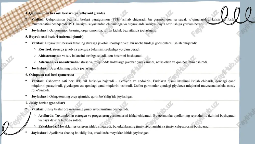 anishini rag‘batlantiradi va immunitetni kuchaytiradi. ... t.me/slaydai_bot endokrin a'zolar – bu maxsus endokrin bezlarga ega bo‘lmagan, ammo gormonlar ishlab chiqaruvchi boshqa a'zolardir. ular ham umumiy endokrin tizimning bir qismi bo‘lib, organizmda turli jarayonlarni tartibga solishda ishtirok etadi. quyida ayrim endokrin a'zolarni ko‘rib chiqamiz: 1. yurak vazifasi: yurak natriyuretik peptid deb nomlangan gormon ishlab chiqaradi, bu qon bosimini pasaytirishga va tanadagi tuz balansini tartibga solishga yordam beradi. 2. jigar vazifasi: jigar insulin-like growth factor (igf-1) va angiotenzinogen kabi gormonlarni ishlab chiqaradi, ular o‘sish jarayonini va qon bosimini boshqarishda ishtirok etadi. 3. böyraklar vazifasi: böyraklar eritropoetin (qon hujayralari ishlab chiqarilishini rag‘batlantiruvchi) va renin (qon bosimini tartibga soluvchi) gormonlarini ishlab chiqaradi. 4. oshqozon va ichaklar vazifasi: oshqozon va ichaklar ovqat hazm qilish jarayonlarini tartibga soluvchi gastrin, sekretin va boshqa gormonlarni ishlab chiqaradi. bu gormonlar ovqat hazm qilish fermentlari va kislota ishlab chiqarilishini boshqaradi. 5. timo bezi (thymus gland) vazifasi: timo bezi immun tizimining …