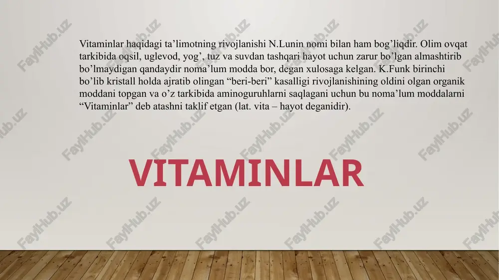 o‘ tadilligi va organizmning zaharlanishlar hamda yuqumli kasalliklarga chidamliligi ham ko‗p jihatdan shu vitaminga bog‘liq. yetishmovchiligida zangila (singa) kasalligi rivojlanadi, qon tomirlar devori shikastlanib, mayda qon tomirlardan (masalan, milk tomirlaridan) qon oqadi. vitamin c s vitamini (askorbin kislota) uning yetishmasligi tufayli singa kasalligi yuzaga keladi. bu kasallik odamda umumiy holsizlik, tez charchash, milklarning shishib, bo'shashib qolishi, tishlarning qimirlab tushib ketishi, tish cho'tka bilan tozalanganda milk qonashi kuzatiladi.c vitamin ho'l mevalarda, ko'katlarda, sabzavotlarda, ayniqsa, union, apelsin, mandarin, karam, pomidor, piyoz tarkibida ko'p bo'ladi. bu juda muhim ba’zi vitaminlar organizmda ma’lum miqdorda sintezlanadigan vitaminlarga o’xshab ta’sir etadigan turli kimyoviy moddalar guruhi tafovut etiladi; odam va ba’zi hayvonlar uchun bu moddalar vitaminsimon moddalar guruhiga kiritilgan. ularga xolin, lipoat kislota, b15 vitamini (pangamat kislota), orotat kislota, inozit, ubixinon, paraaminobenzoat kislota, karnitin, linol va linoleat kislotalari, vitamin u (yazvaga qarshi omil) kabilar kiradi. fiziologik ta’siri bo’yicha vitaminlarni quyidagi guruhlarga b’olish mumkin: organizmning umuniy rezistentligini oshiruvchi …