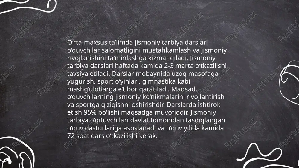 muhimdir. yosh bolalar uchun turli o'yinlar va harakatlar, o'smirlar uchun esa aerobika va kuch mashqlari tavsiya etiladi. kattalar uchun sog'liqni saqlash va ortiqcha vaznni kamaytirishga qaratilgan kardio va kuch mashqlari kiritiladi. har haftada kamida uch marta 30-60 daqiqa davomida mashg'ulotlar o'tkazish tavsiya etiladi. shuningdek, mustahkam jismoniy tayyorgarlik uchun mashqlarni turli xil qilish ham muhim, bu esa dasturlarning samaradorligini oshiradi. har bir dastur individual maqsadlarga va sog'lig'iga mos ravishda moslashtirilishi kerak. o'rta-maxsus, professional ta'lim va oliy ta'lim tizimlarida jismoniy tarbiyaning o'ziga xos xususiyatlariga tavsif. tashtemirov asadbek e'tiboringiz uchun raxmat! image1.png image2.png image3.png image4.jpg image5.png image6.jpg image7.jpg /docprops/thumbnail.jpeg