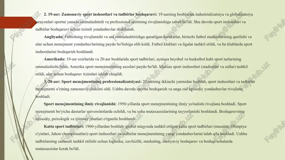 ka va tayyorgarlik muhim ahamiyatga ega. xavfsizlik, tashkiliy ishlar, texnik xizmatlar va boshqa ko'plab jihatlar sport inshootlari menejmenti orqali yaxshilanadi. ijtimoiy ta'sir: sport tadbirlari va inshootlar mahalliy hamda xalqaro miqyosda ijtimoiy ta'sir ko'rsatadi. yaxshi boshqaruv sportni ommalashtirish, sog'lom turmush tarzini targ'ib qilish, yoshlar va jamiyat uchun foydali bo'lishiga yordam beradi. innovatsiyalar va yangiliklar: sport inshootlari va tadbirlar menejmenti innovatsiyalarni qo'llab-quvvatlaydi. masalan, yangi texnologiyalar, yangi tadbir formatlari yoki yangi trening metodlari orqali sportni rivojlantirish mumkin. umuman olganda, sport inshootlari va tadbirlar menejmenti, nafaqat sportning o'zi, balki jamiyat va iqtisodiyot uchun ham muhim ahamiyatga ega. sport inshootlari va tadbirlar menejmenti o'rtasidagi bog'lanish kuchli va o'zaro ta'sirli bo'lib, ikkala soha ham muvaffaqiyatli sport faoliyatini tashkil etishda muhim rol o'ynaydi. bu ikki menejment turi o'rtasidagi asosiy bog'lanishlarni quyidagicha tavsiflash mumkin: 1. inshootlarni samarali boshqarish va tadbirlar tashkil etish: sport inshootlari, masalan, stadionlar, sport zallari va boshqa inshootlar, sport tadbirlarini o'tkazish uchun zaruriy joylarni taqdim …