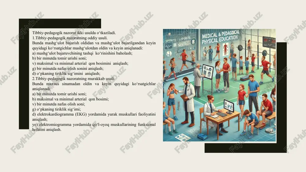 l bosim ko‘tarilib, minimal bosim pasaysa, yurak-tomir tizimining mashg‘ulotga reaksiyasi normal hisoblanadi; - agar mashg‘ulot paytida maksimal bosim tinch holatdagiga nisbatan pasaysa, minimal bosim esa, aksincha tinch holatdagiga nisbatan ko‘tarilsa, yurak- tomir tizimining funksional holati zo‘riqqan, yoki kasallangan hisoblanadi. 4.tibbiy-pedagogik nazoratda, oldingi mavzuda aytib o‘tilgan, yurak-tomir tizimining sportchining chiniqqanligini baholovchi funksional sinamalari ham qo‘llanishi mumkin. sportchining o‘z-o‘zini nazorati. sportchining o‘z-o‘zining nazorati 2 qismdan iborat: 1.sportchining o‘z-o‘zini sub’ektiv nazorati. 2.sportchining o‘z-o‘zini ob’ektiv nazorati. sub’ektiv nazoratda sportchi o‘zining kundalik daftariga quyidagilarni qayd etadi: - har kuni trenirovkadan oldin va keyin o‘zining qanday sezishi, kayfiyati, uyqusining tinch yoki notinchligi, ishtahasi, trenirovka bajarishga xohishi, tanasining biror sohasida og‘riq sezishi yoki sezmasligi kabilar. sportchining o‘z-o‘zini ob’ektiv nazoratida trenirovkadan oldin va keyin tomir urishi soni, nafas olish soni, o‘pka tiriklik sig‘imi, qo‘l va bel muskullarining kuchi, iloji bo‘lsa, maksimal va minimal arterial qon bosimi kabi ko‘rsatgichlarni aniqlab kundaligiga yozadi. ushbu ko‘rsatgichlarning normal yoki nonormal bo‘lishiga qarab, …
