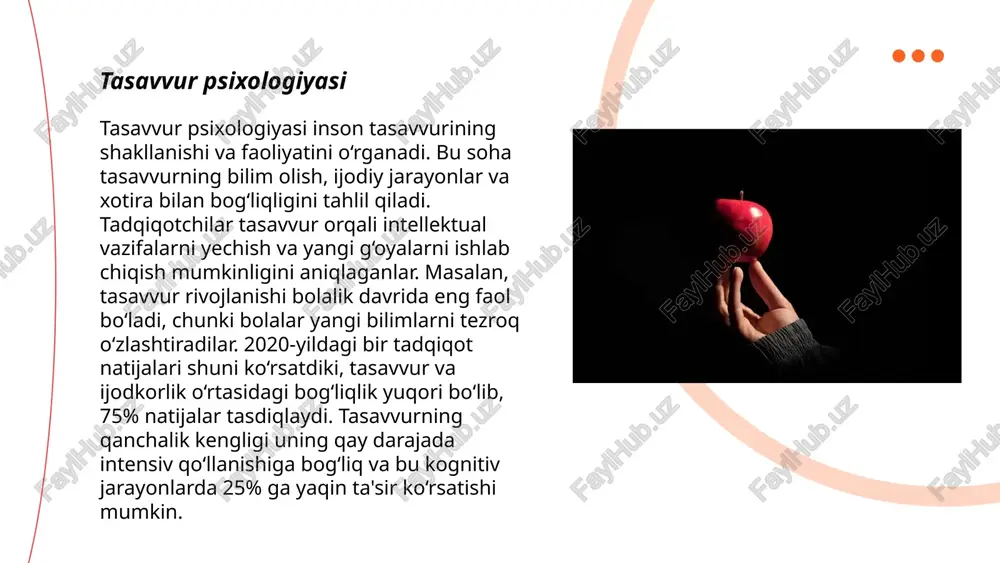 ishdan, shu onning o'zida ongli ravishda qo'yilgan vazifadan chetga tortadi. ... t.me/slaydai_bot xotirani mustahkamlash usullari xotirani yaxshilash va o‘rganish jarayonlarini optimallashtirishga yordam beradi. ushbu usullar orasida muntazam mashqlar, masalan, gimnastika va aerobika muhim ahamiyatga ega, ular miyani kislorod bilan taʼminlaydi va nevrogenezni qo‘llab-quvvatlaydi. mental gimnastika, ya’ni krossvordlar va mantiqiy o‘yinlar miya faoliyatini rag‘batlantiradi. sog‘lom parhez, ayniqsa omega-3 yog‘ kislotalari (baliq yog‘i), vitaminlar (b, e) ham xotirani mustahkamlaydi. yetarli uyqu (7-8 soat) miyaning qayta tiklanish jarayonlarini qo‘llab-quvvatlaydi. stresslarni minimumga tushirish uchun meditatsiya va yoga tavsiya etiladi. ma’lumotlarni qisqa bloklarga bo‘lib o‘rganish, masalan, 20-30 daqiqalik sessiyalar xotirani mustahkamlashga yordam beradi. tasavvur haqida tushuncha jovliev g'ayrat e'tiboringiz uchun raxmat! image1.png image2.png image3.png image4.png image5.png image6.png image7.png /docprops/thumbnail.jpeg