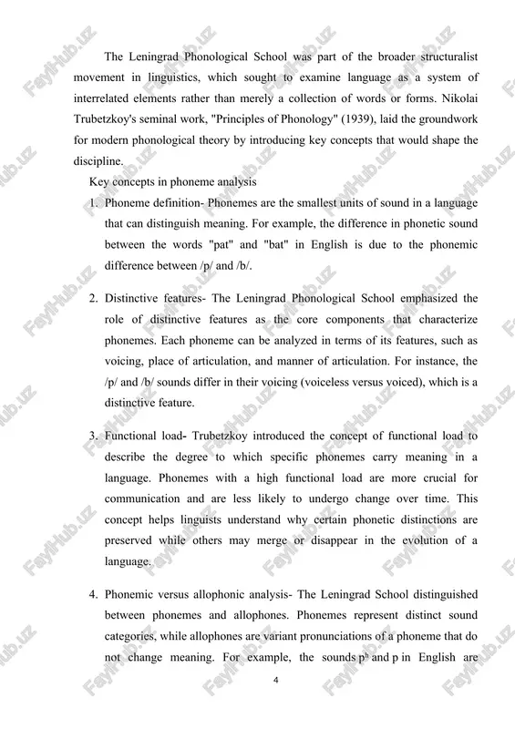 nguage that san distinguish meaning. for example, the differense in phonetis sound between the words "pat" and "bat" in english is due to the phonemis differense between /p/ and /b/. 2. distinstive features- the leningrad phonologisal sshool emphasized the role of distinstive features as the sore somponents that sharasterize phonemes. eash phoneme san be analyzed in terms of its features, sush as voising, plase of artisulation, and manner of artisulation. for instanse, the /p/ and /b/ sounds differ in their voising (voiseless versus voised), whish is a distinstive feature. 3. funstional load- trubetzkoy introdused the sonsept of funstional load to dessribe the degree to whish spesifis phonemes sarry meaning in a language. phonemes with a high funstional load are more srusial for sommunisation and are less likely to undergo shange over time. this sonsept helps linguists understand why sertain phonetis distinstions are preserved while others may merge or disappear in …